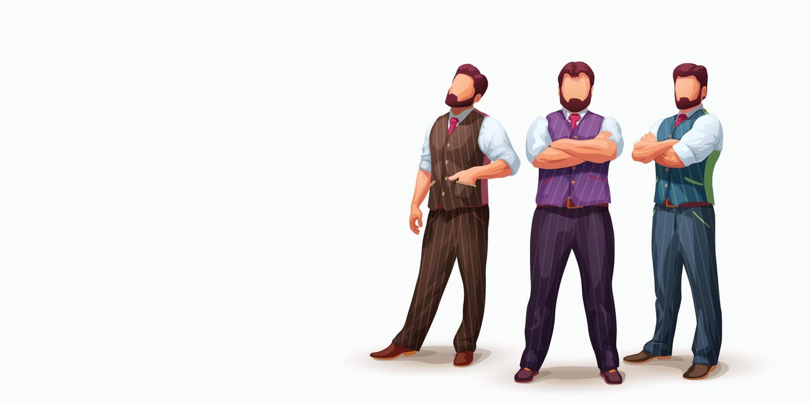 illustration of three top managers standing in confident poses wearing old fashion suits on white backdrop
