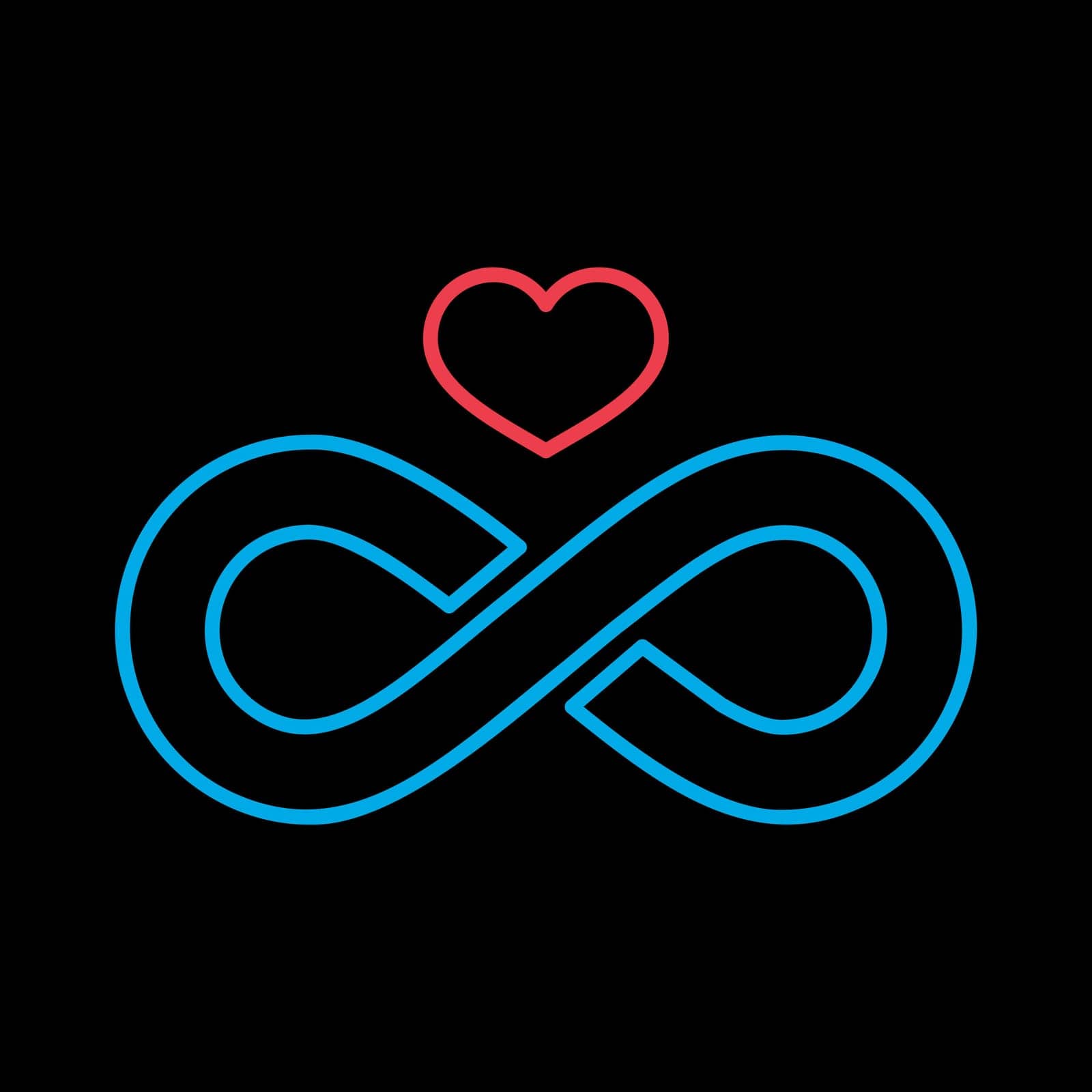 Infinity sign and heart symbol of eternal love isolated on black background icon. Vector illustration, romance elements. Sticker, patch, badge, card for marriage, valentine