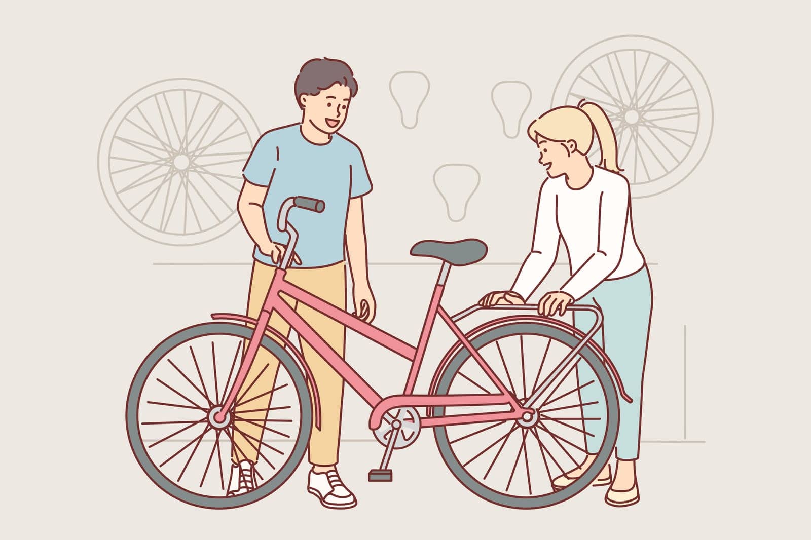 Woman cyclist came in workshop for repair or tune bicycle and buy additional accessories for favorite hobby. Seller explains to buyer rules for using bike and helps to choose best option for purchase