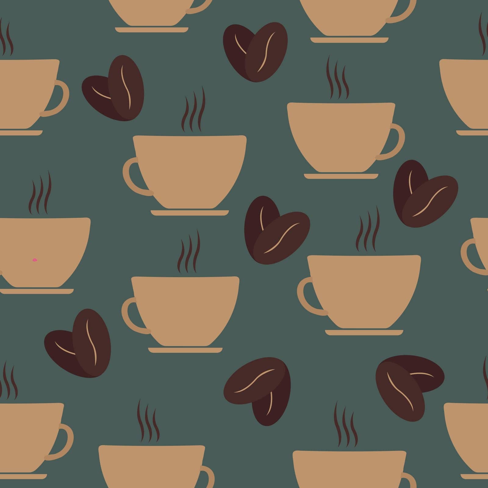 Cute seamless vector pattern with espresso cup and coffee beans. Lovely repeatable smiling coffee cup print, perfect for wrapping paper, fabric, textiles. Vector. Vector illustration