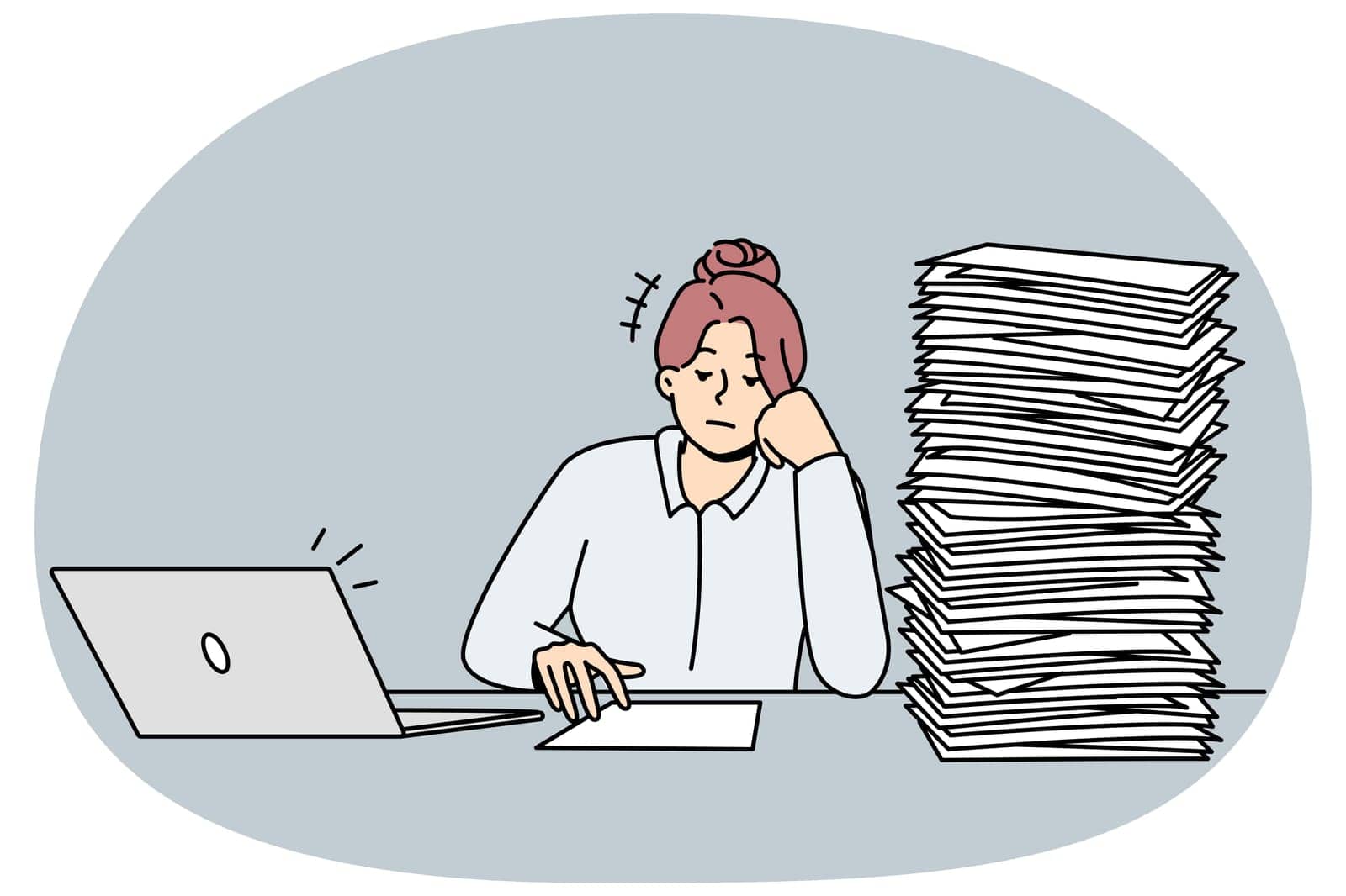 Tired unmotivated businesswoman sit at desk with pile of paperwork. Exhausted female employee overwhelmed with paper documents. Job burnout. Vector illustration.