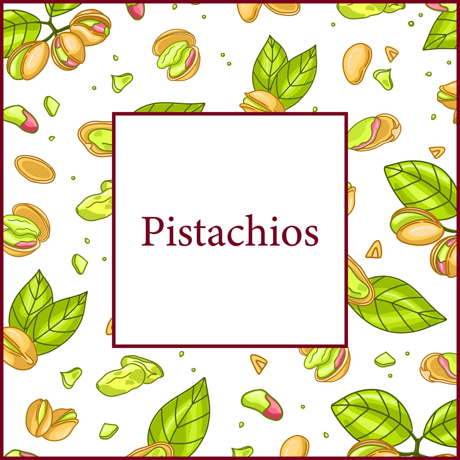 Pistachio frame square menu poster. Vector illustration in hand drawing style. Healthy food ingredient template for vegetarian diet. Retro autumn decoration with leaves, nuts, branches banner