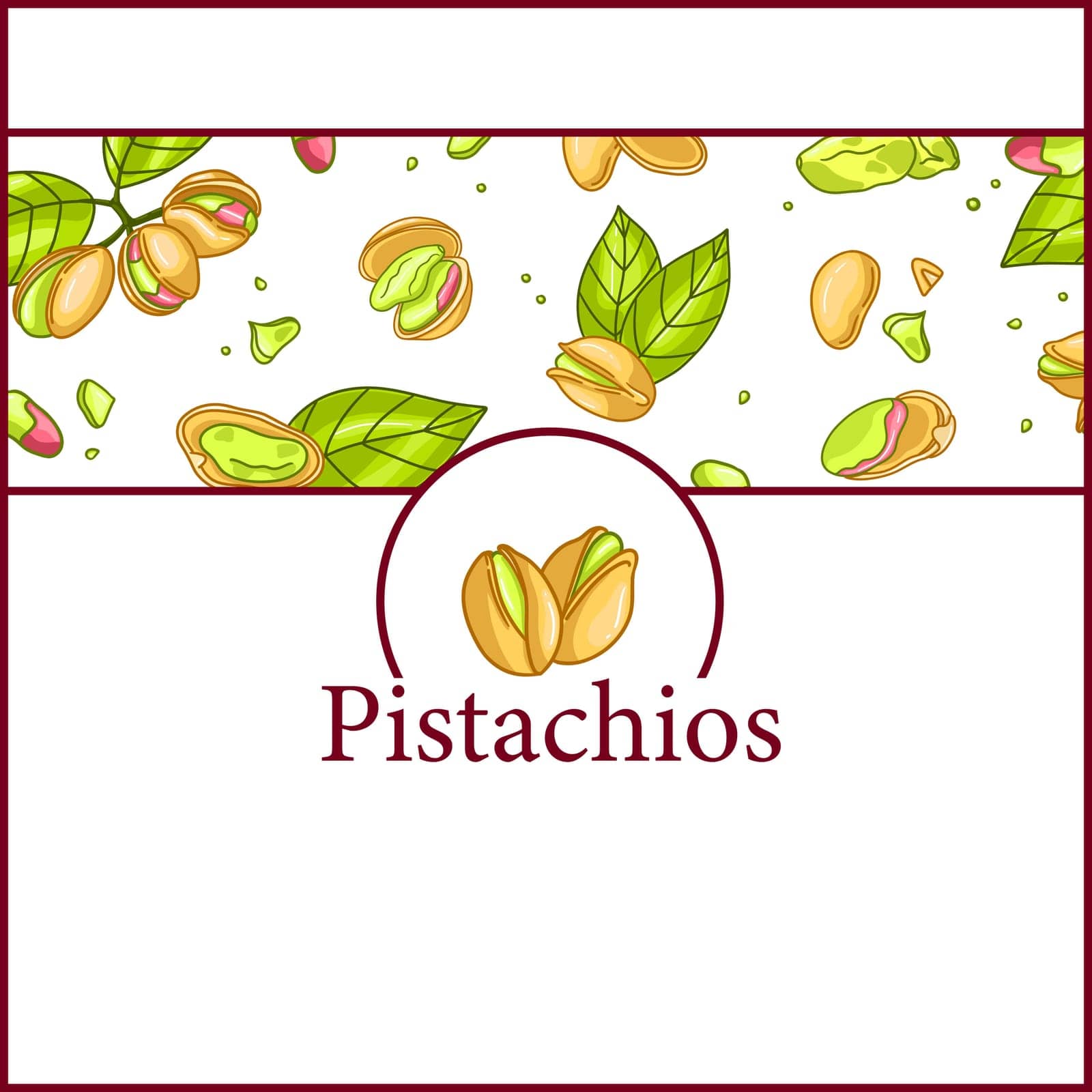 Pistachio frame line menu poster. Vector illustration in hand drawing style. Healthy food ingredient template for vegetarian diet. Retro autumn decoration with leaves, nuts, branches banner