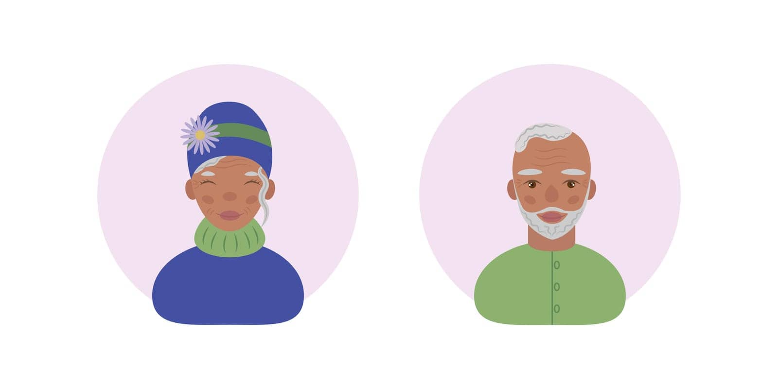 Grandma and grandpa. Avatar of dark-skinned grandparents. Elderly people with gray hair. Vector illustration.