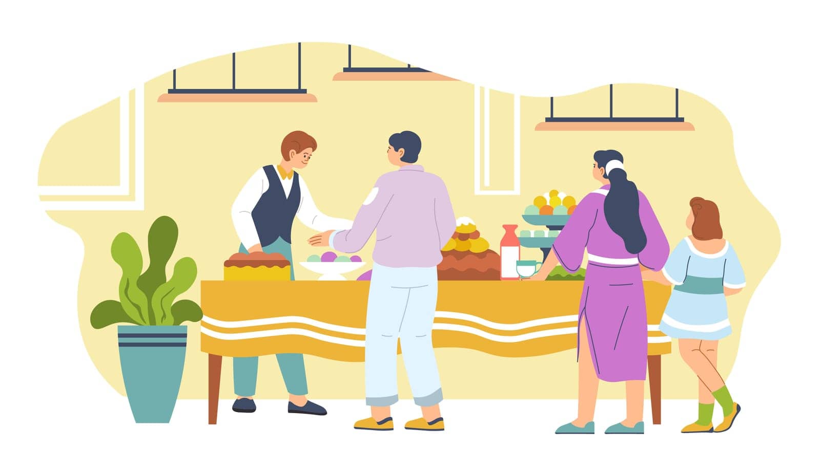 Buffer for clients of hotel, people taking food and dishes from table. Hostel or model offering tasty meal in morning, all inclusive for clients. Tourists on vacation or holiday. Vector in flat style