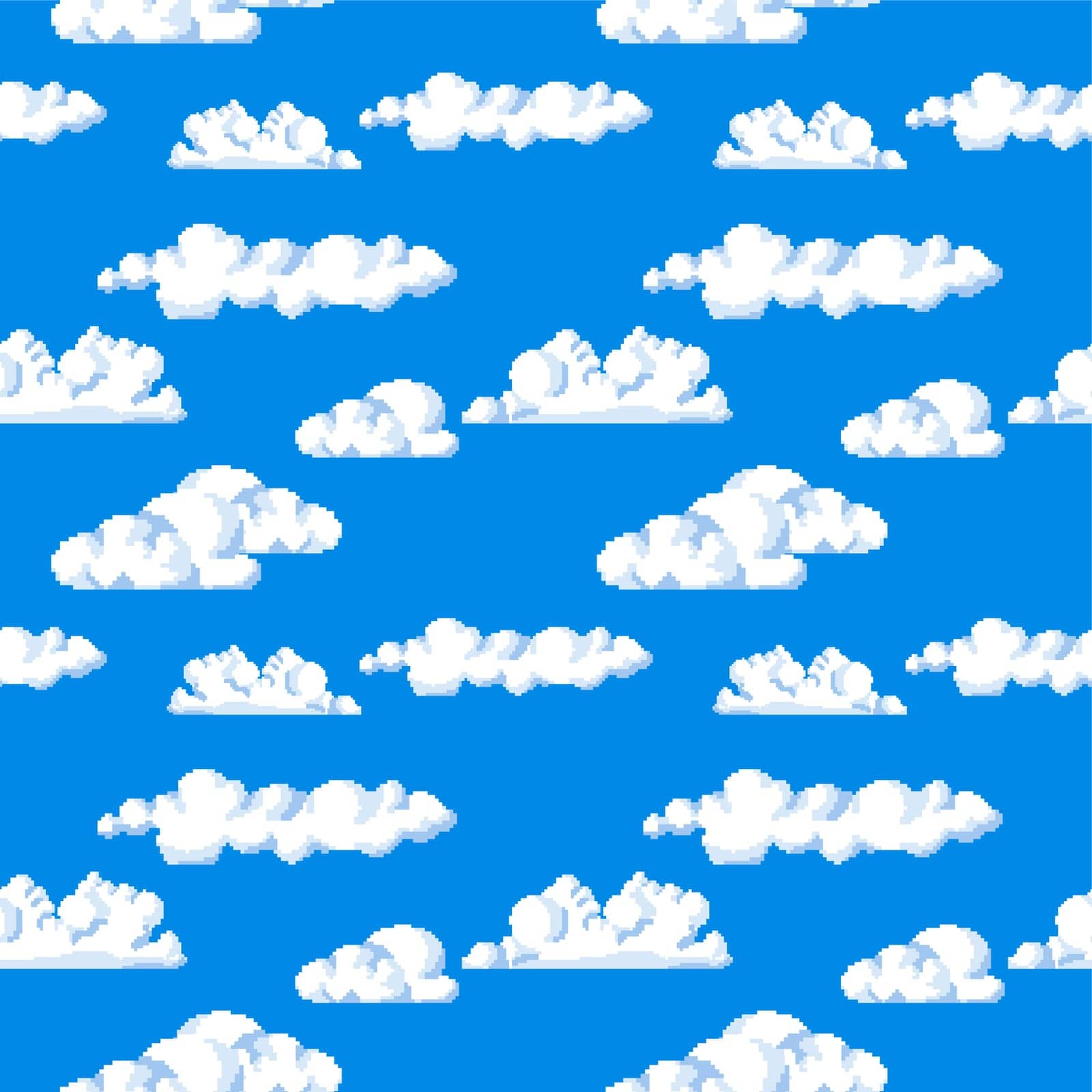 Cloudscape, pixelated clear sky with clouds and nature location. Game design development and setting, cloudy weather outdoors. Seamless pattern, wallpaper background or print. Vector in flat style