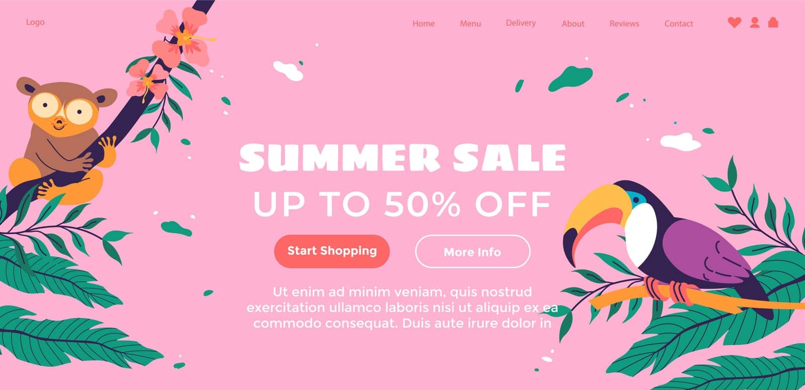 Sale and discounts on products in summer, seasonal reduction of price. Star shopping and get best products and items discounted. Website landing page, internet page template. Vector in flat style