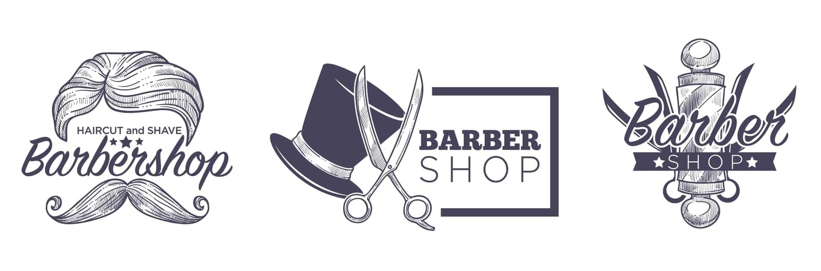 Barber shop, haircut and shave for men. Isolated logotype with scissors and tophat for gentlemen. Service for beauty of lads. Logotype or emblem, logo or promotional banner. Vector in flat style