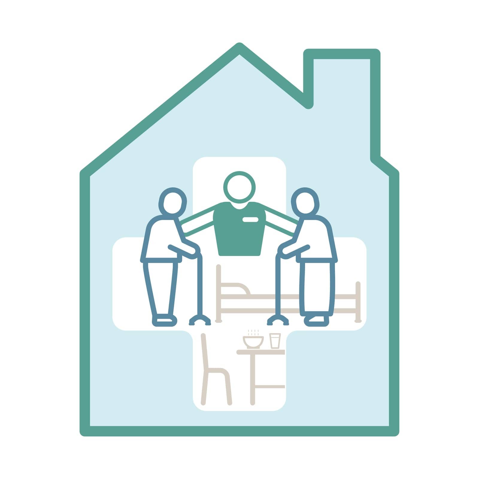 Caregiver look after elderly person inside home shape with cross symbol background. Elderly nursing home icon. Vector illustration outline flat design style.