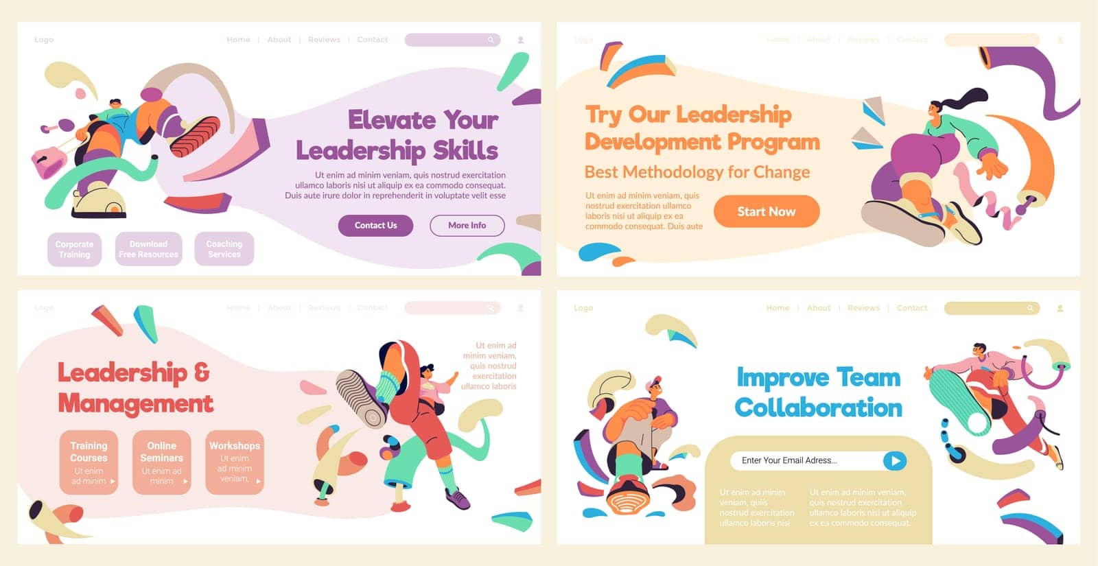 Landing page collection with leadership course add. Flat man woman character at web banner set, vector illustration. Website design for management and development education program offer