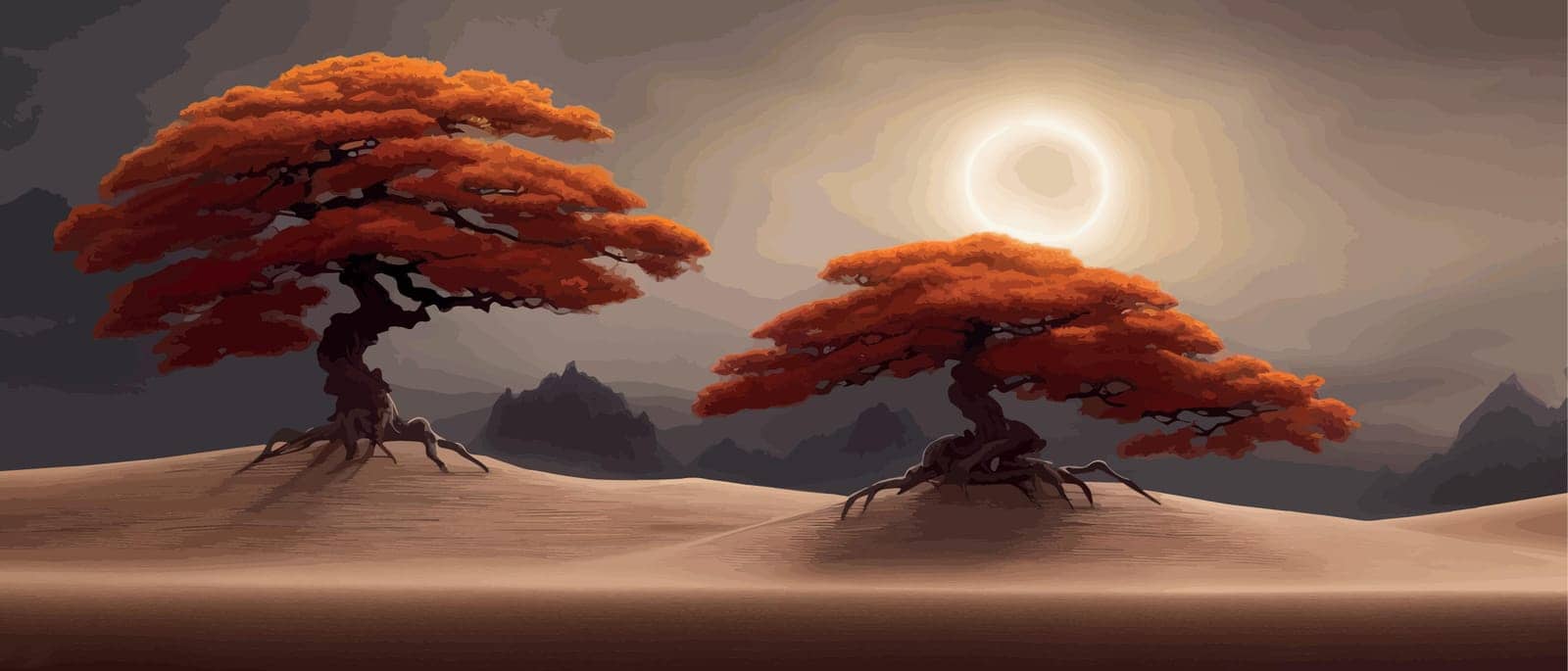 A gloomy autumn orange tree in desert against backdrop mountains and hills in a fantasy world. Vector illustration