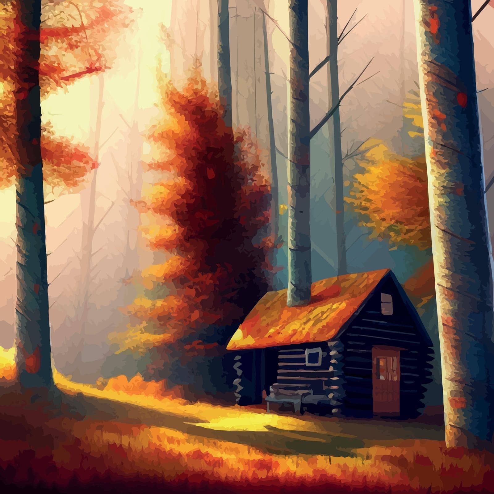 Old wooden hut in autumn forest. In bright orange colors autumn. To protect by EkaterinaPereslavtseva