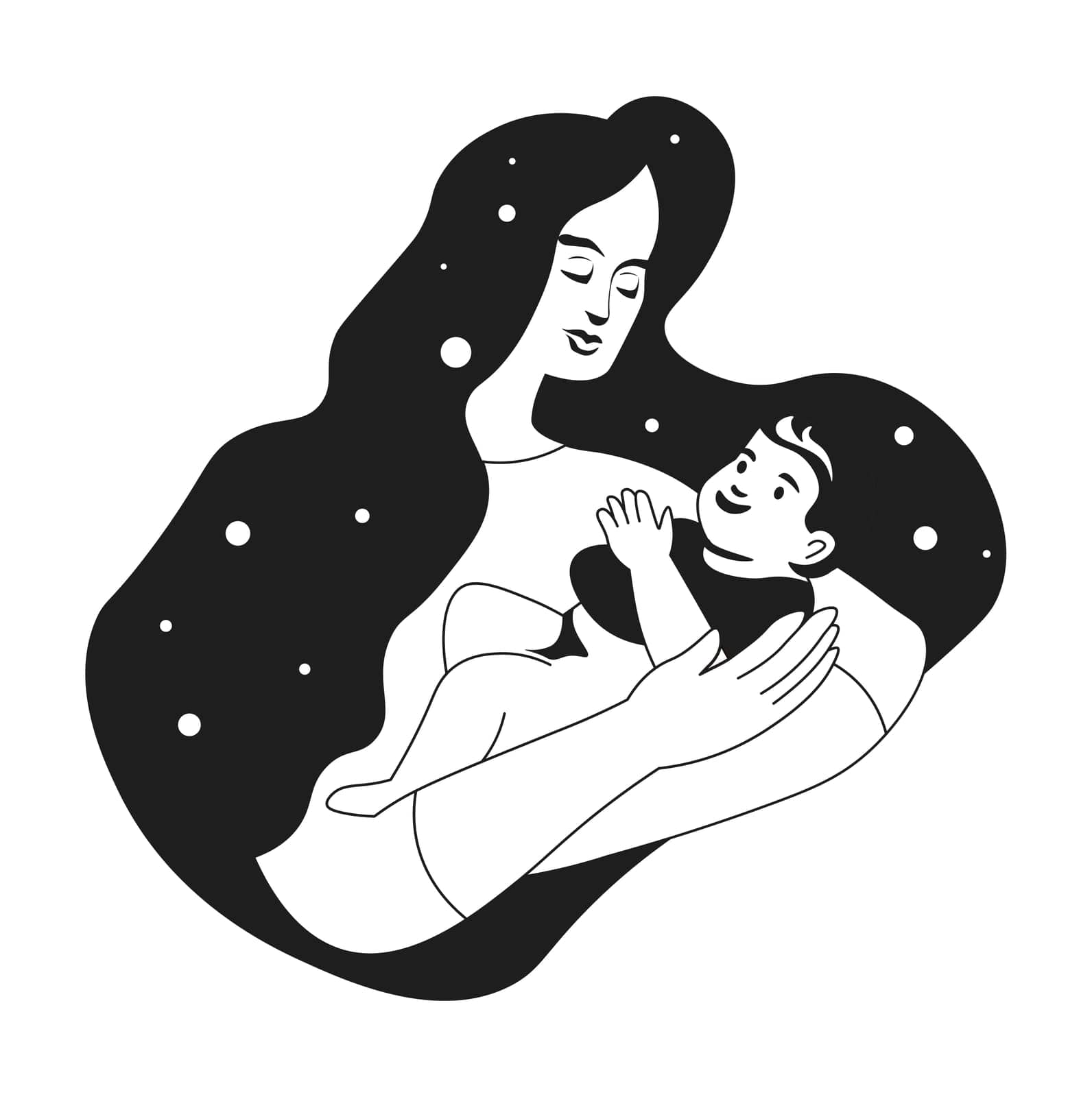 Female character holding infant in hands and smiling, isolated woman with child. Motherhood and parenting, maternity and care for toddler, lady caring for kiddo, parent. Vector in flat style