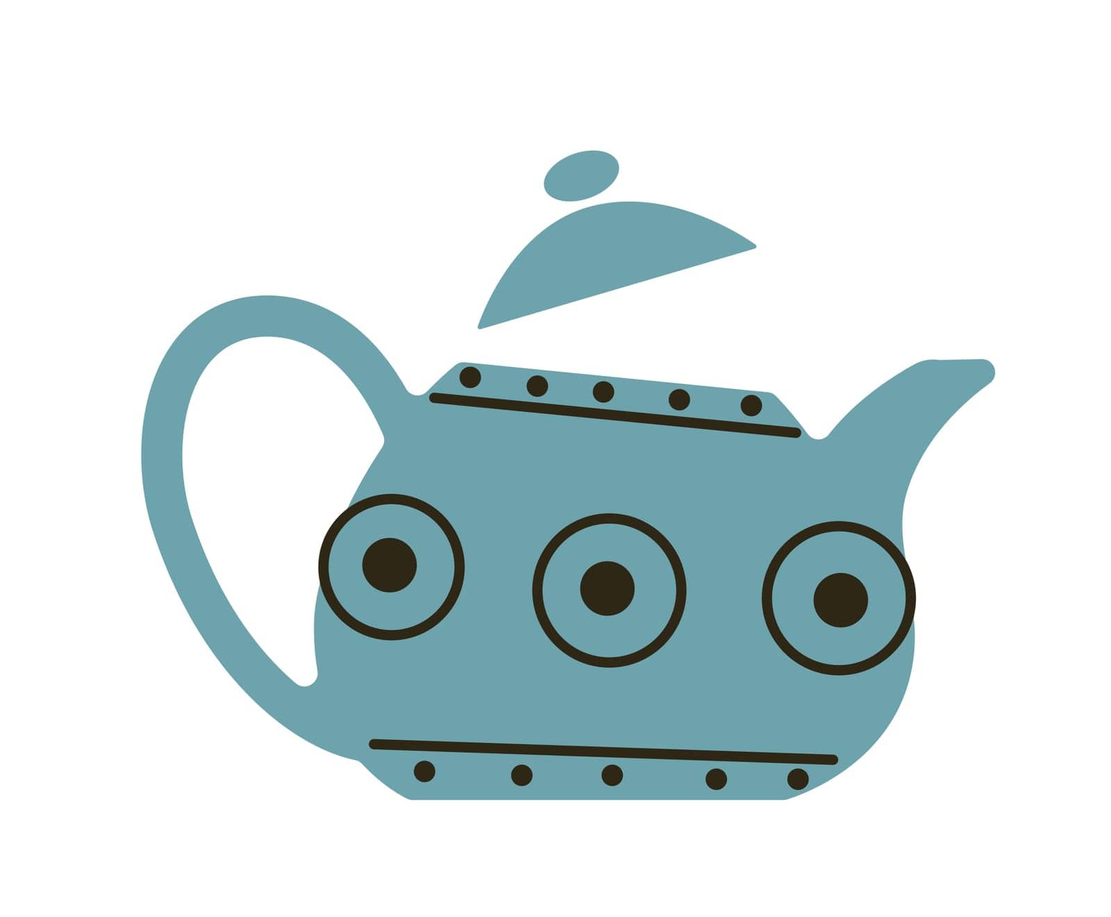 Kitchenware for brewing and making delicious aromatic tea. Isolated ceramic teapot with lid and handle, ornamental design and geometric adornment, and drawing on a dish. Vector in flat style