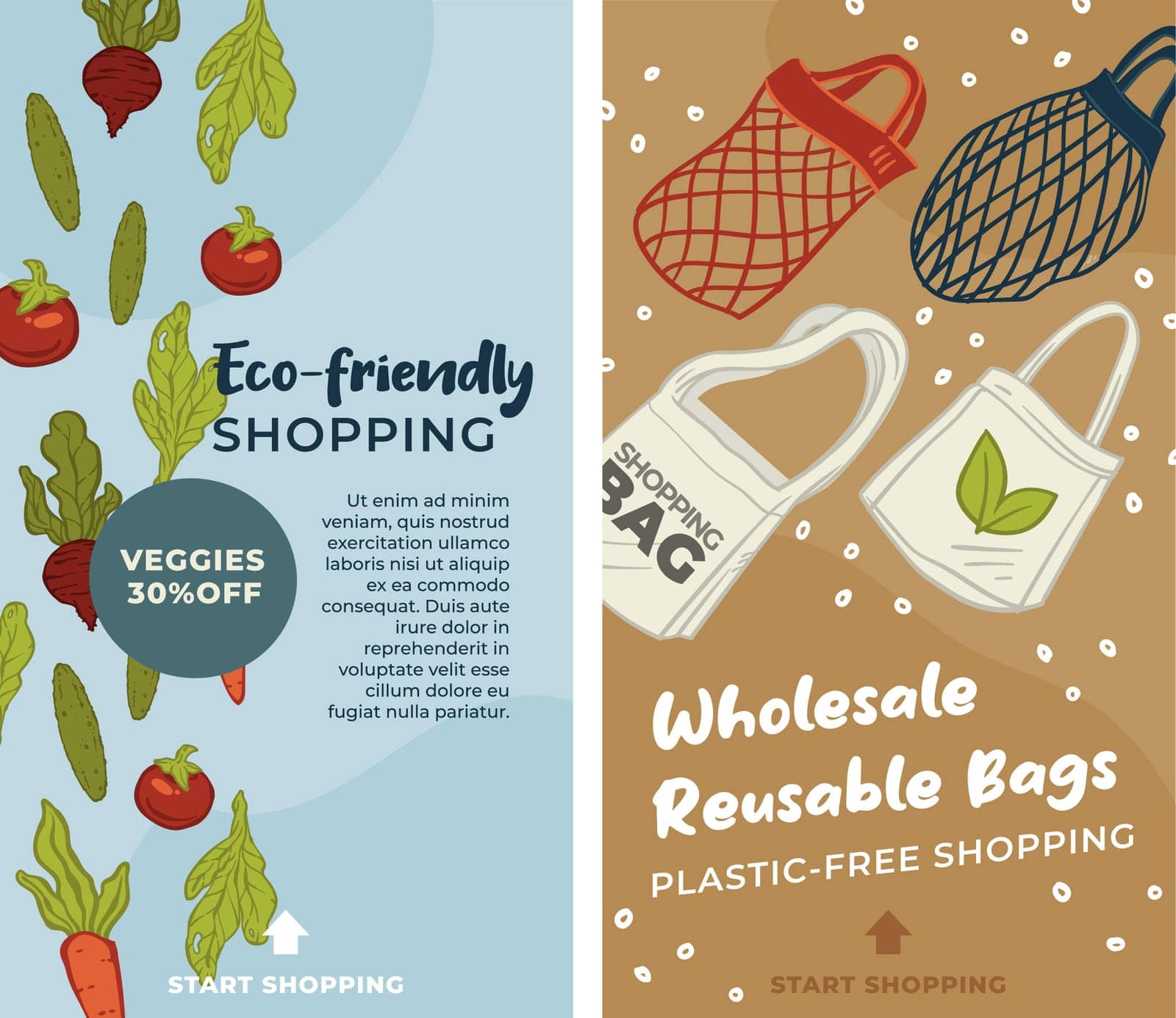 Wholesale shopping, plastic free products for home and everyday lifestyle. Reusable bags, eco friendly assortment of ingredients, veggies and fruits for dieting and eating. Vector in flat style