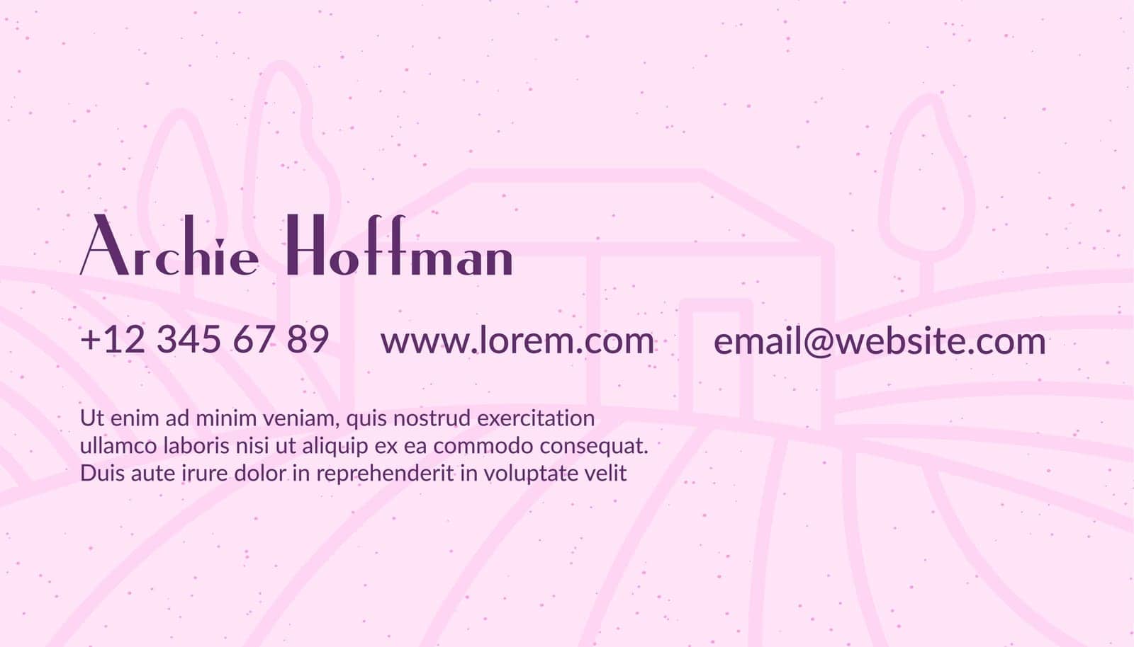 Visiting or business card with personal information, phone number, and website address. Info about organization or services, vineyard or farm on background, wine making. Vector in flat style