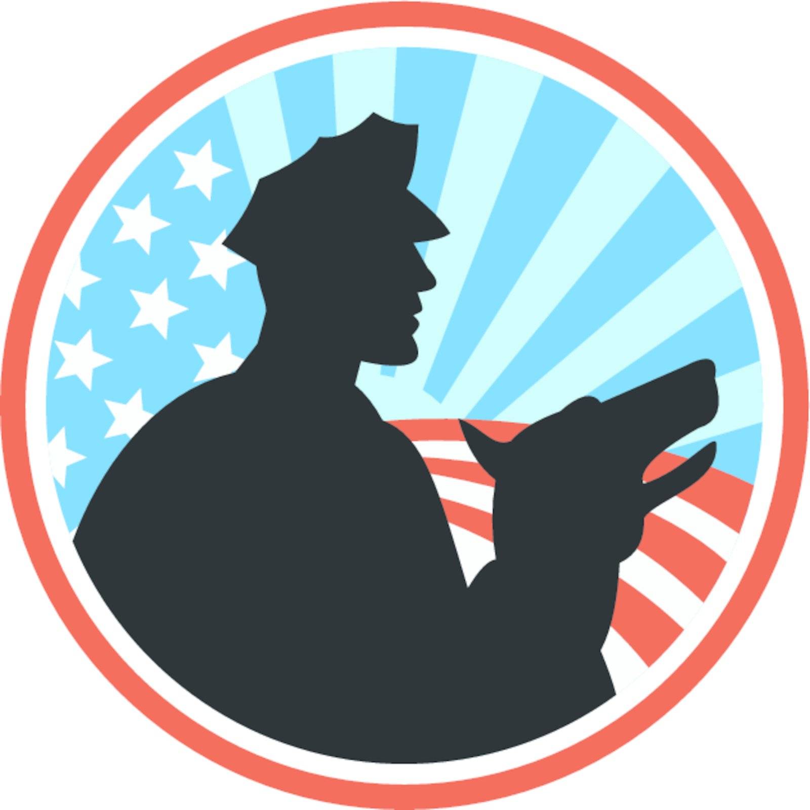 Illustration of a policeman security guard with police dog with American stars and stripes set inside circle done in retro style.