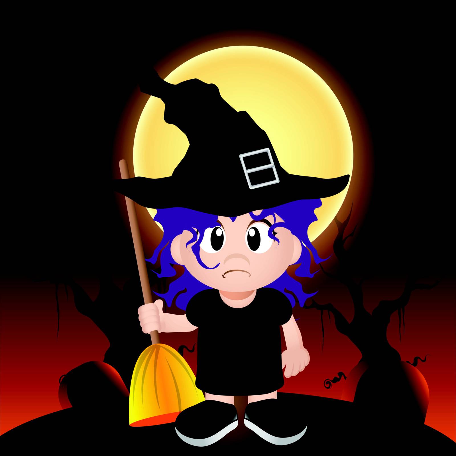 Vector illustration of little witch holding a broomstick 