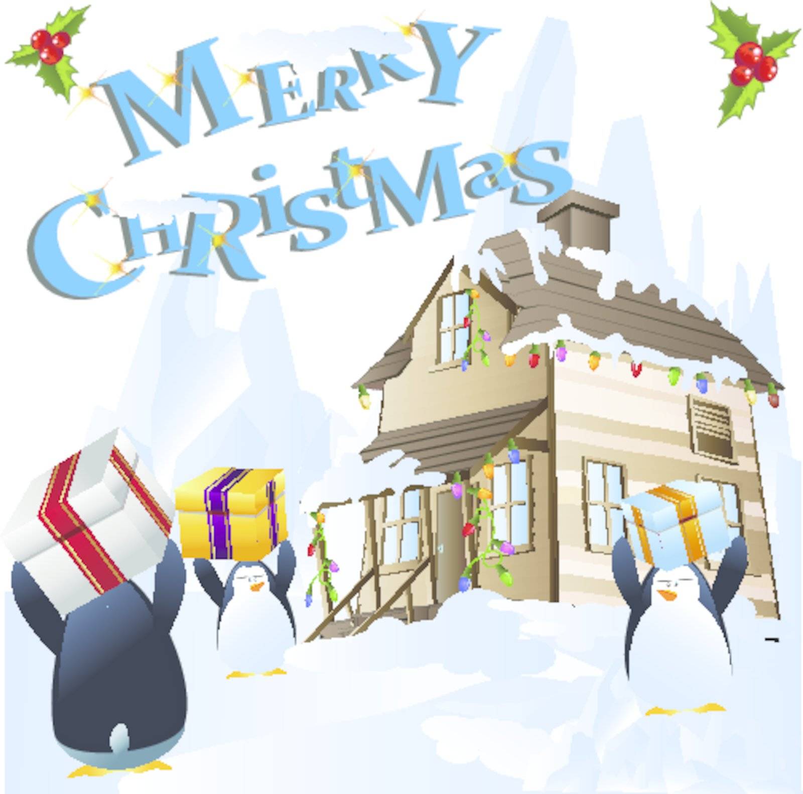 Clip-art of cute penguins on snow holding Christmas gifts