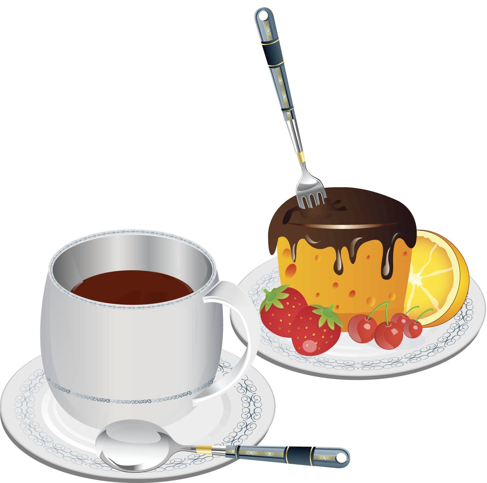Clip art image of a cup of coffee and slice of fruit cake