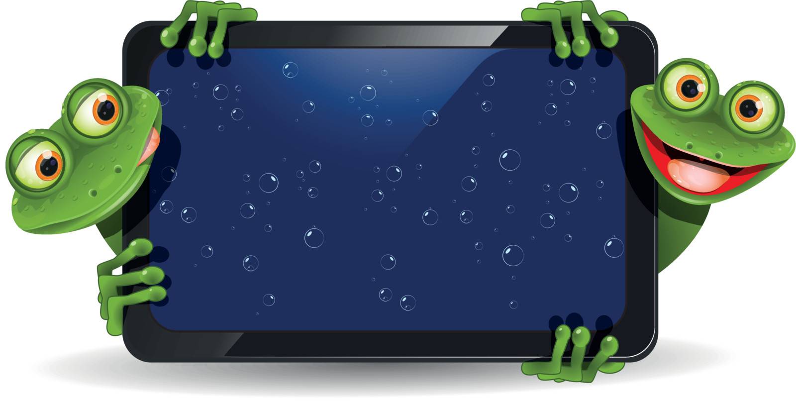 illustration of two green frogs with gadget