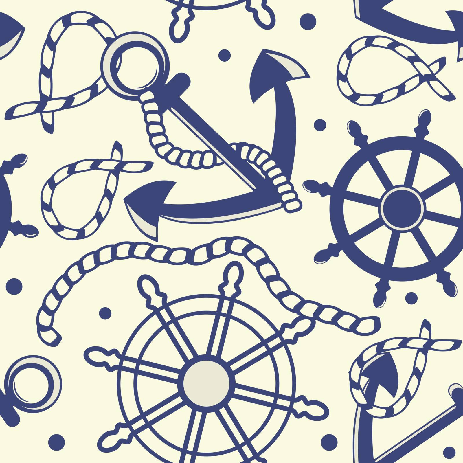 Marine seamless background with anchor, ropes, wheel, marine knots.