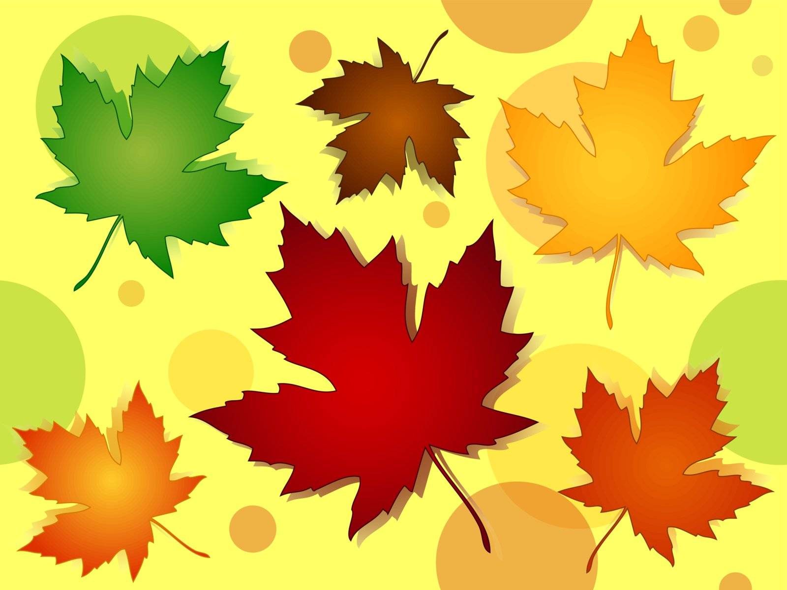 Seamless pattern of beautiful maple leaves in seasonal fall or autumn colors over yellow background with transparent dots or circles.
