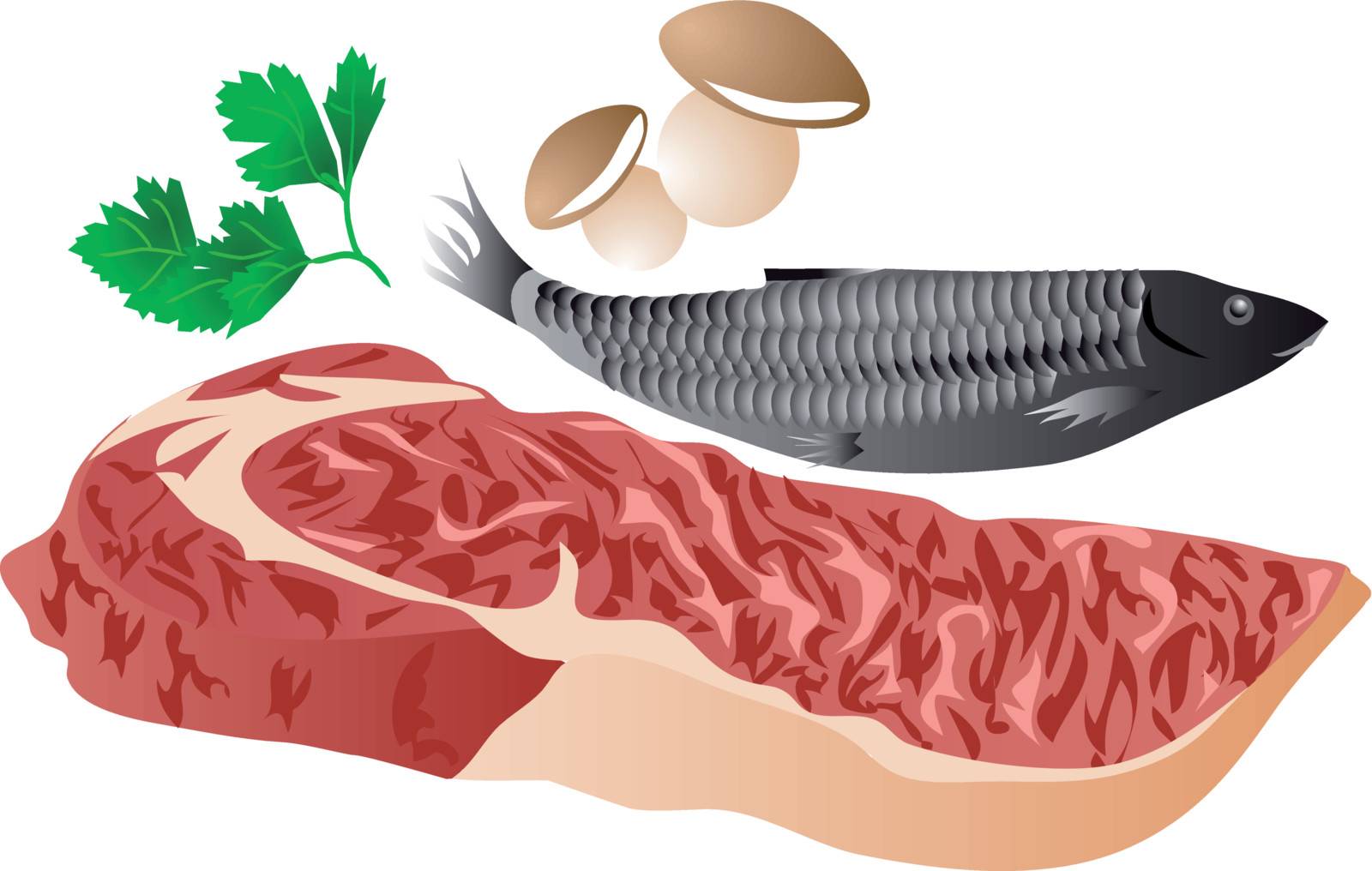 meat, fish and mushrooms isolated on white background