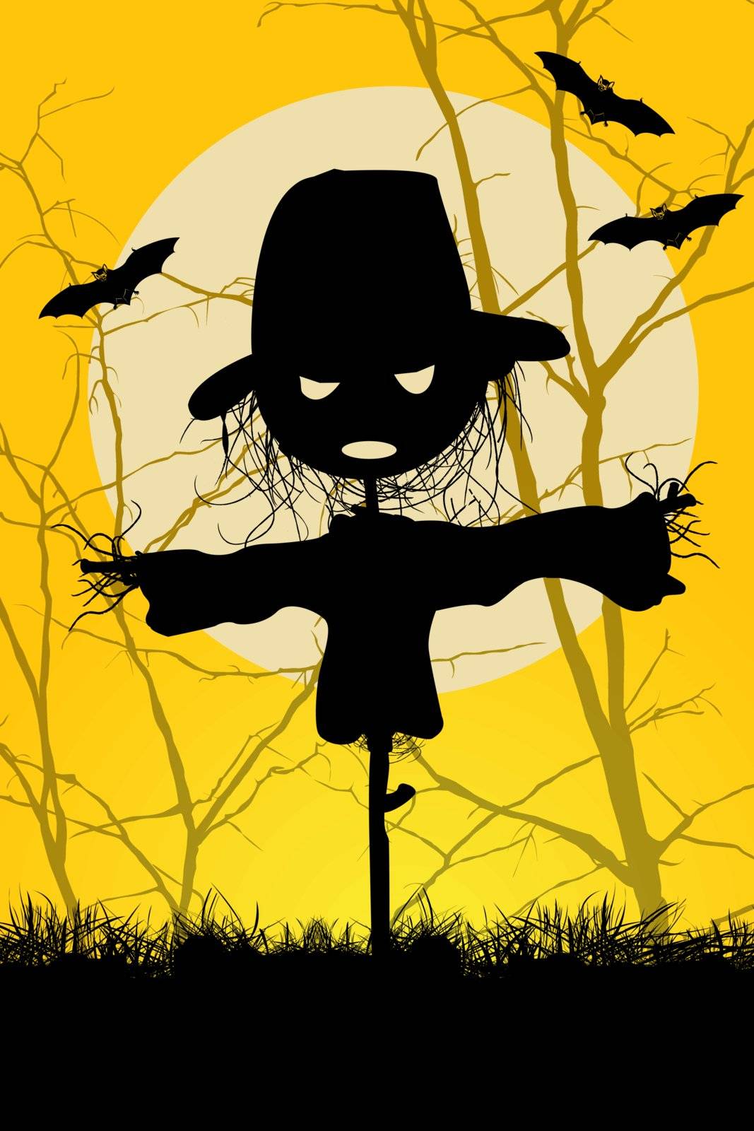 Ilustrated spooky halloween scarecrow and bats background