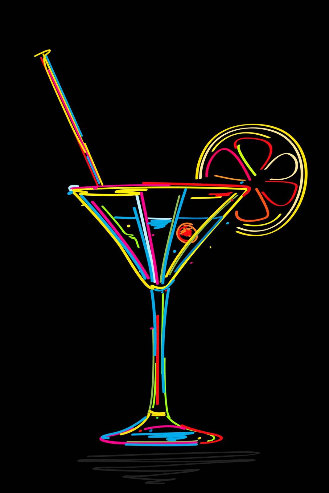 Stylized cocktail icon, isolated and grouped objects on black
