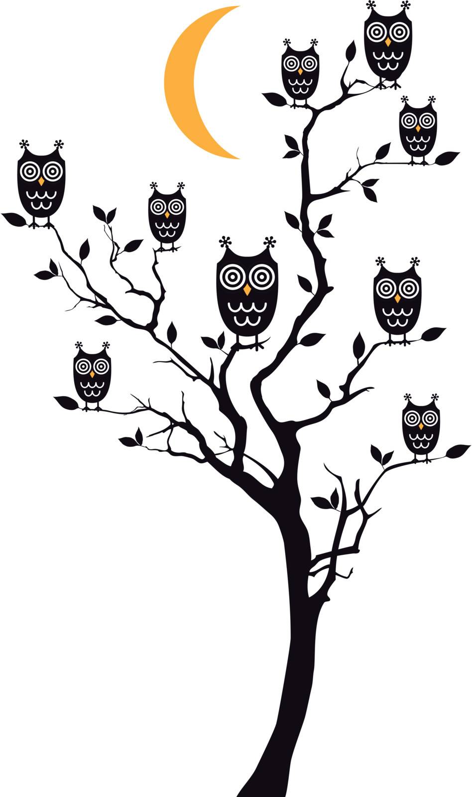 owls sitting on tree branch, vector background