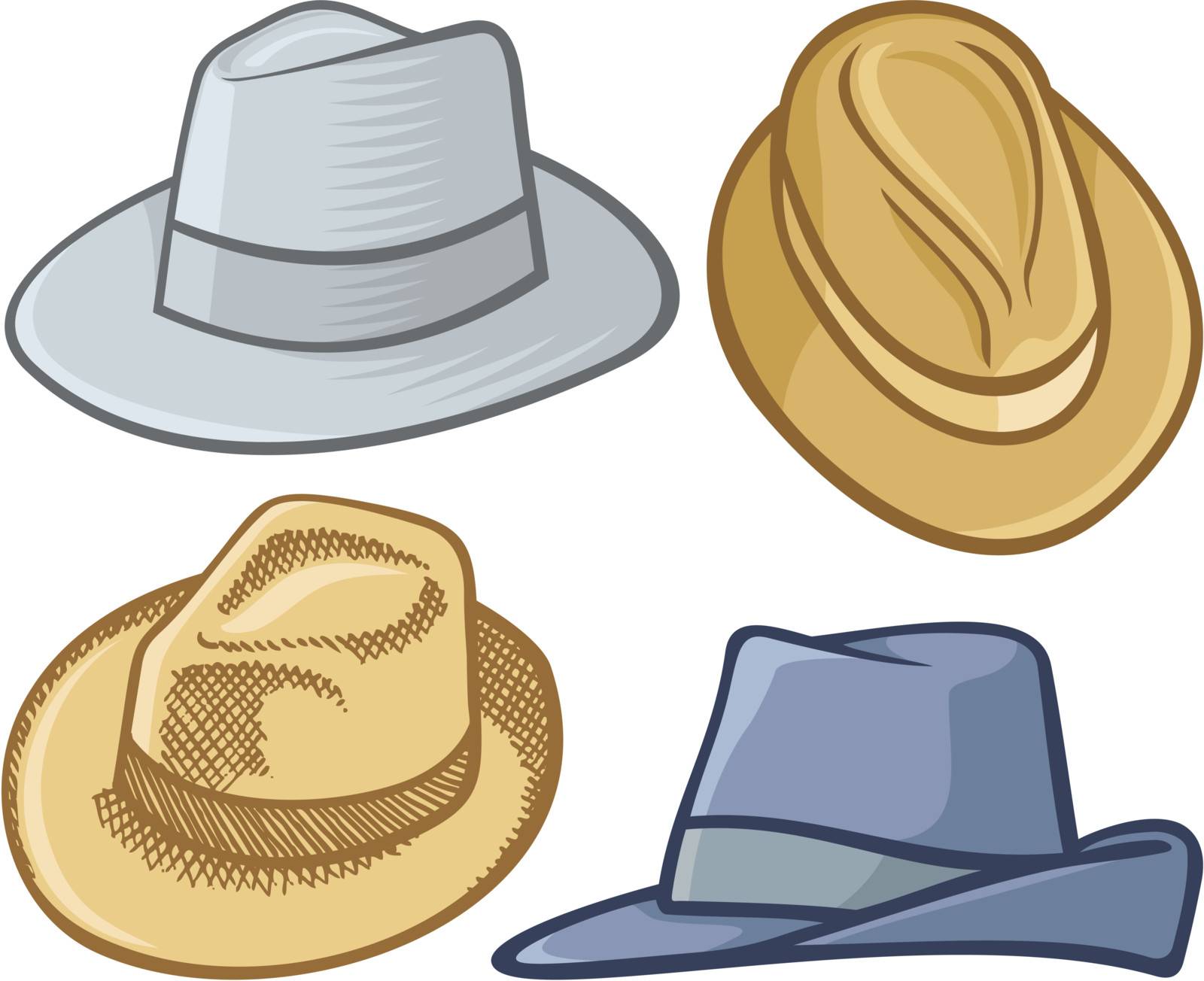 Four fedora hat illustrations isolated on white.