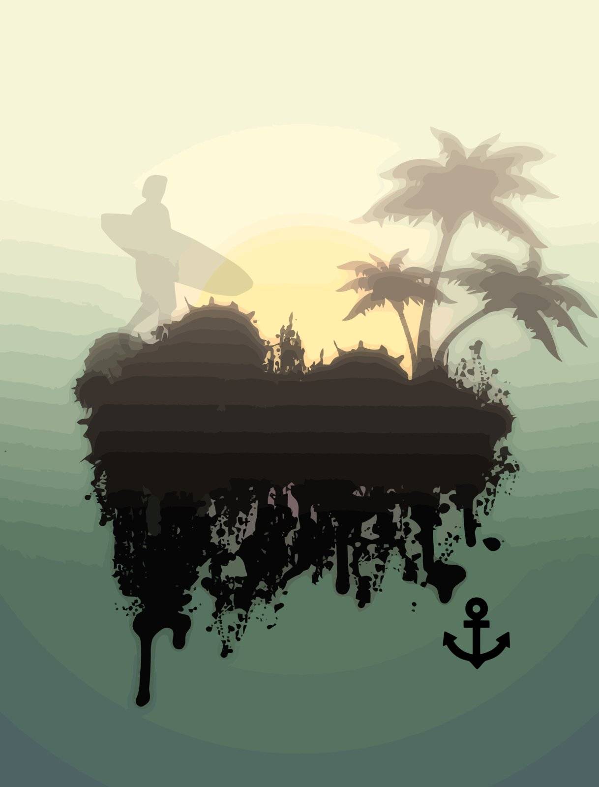 Surfer on foggy tropical place grunge background, vector illustration