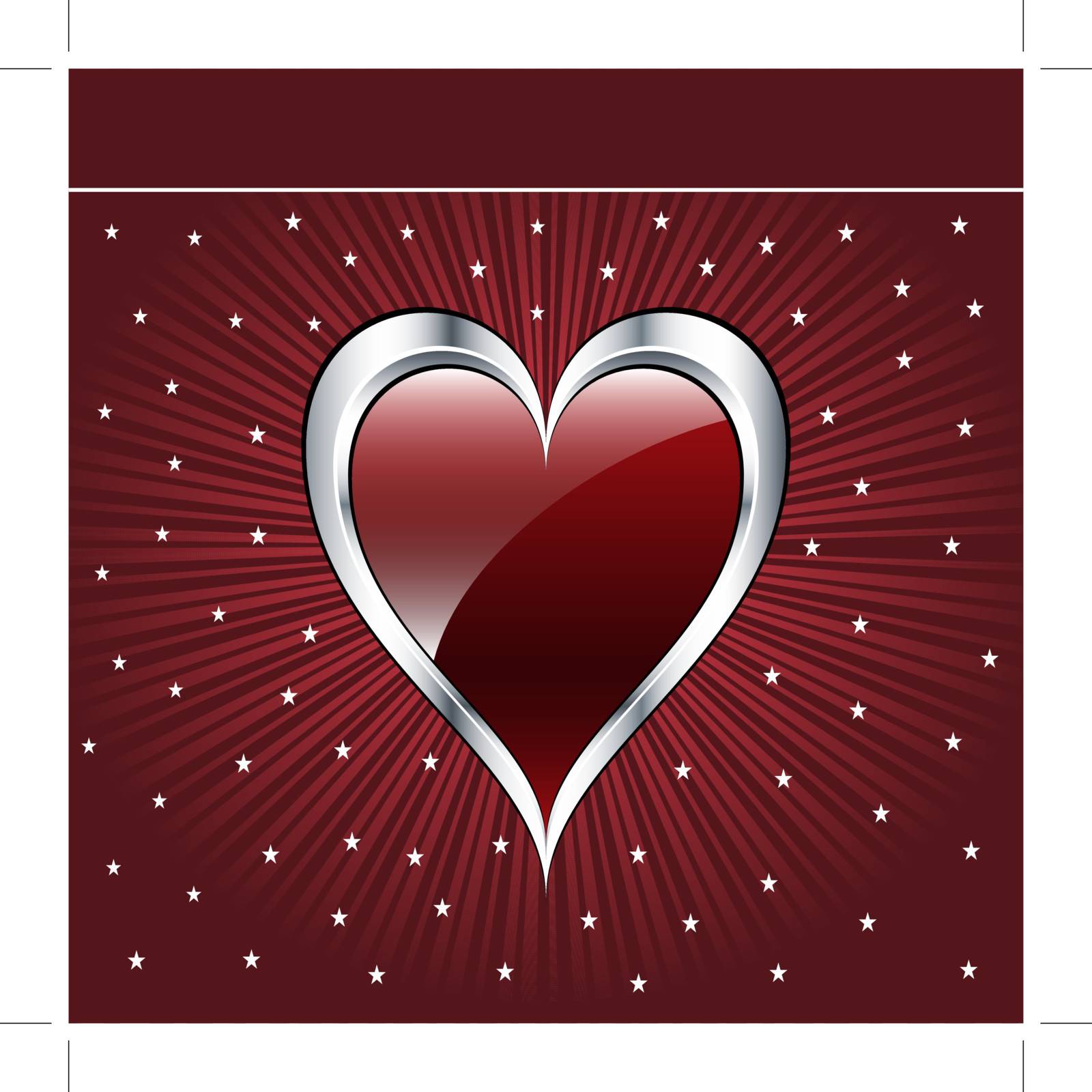 Valentine love heart in a dark red and silver on sunburst background with stars. Copyspace for text.
