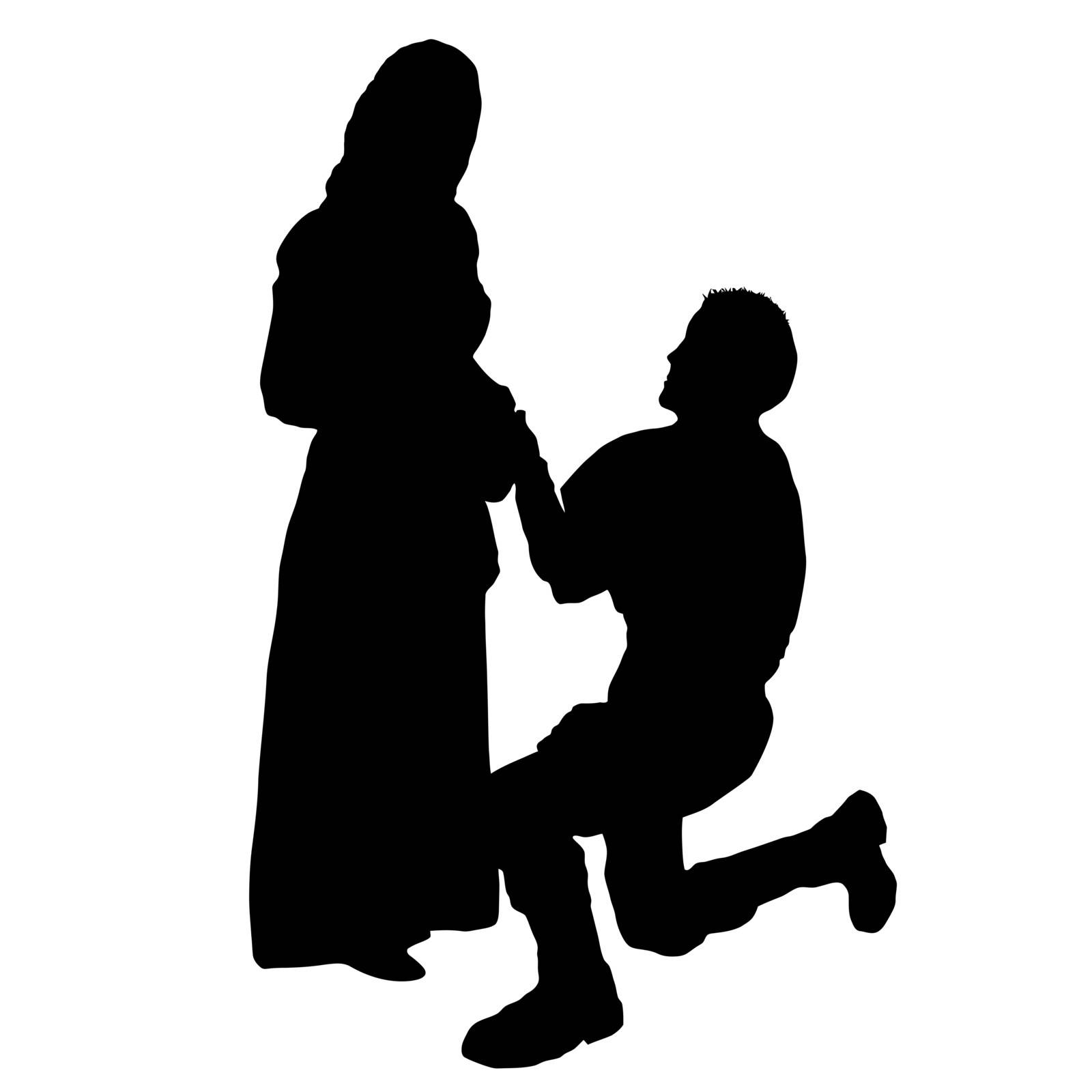 A man on his knees, makes a proposal to marry the girl , black silhouette on white background, vector illustration