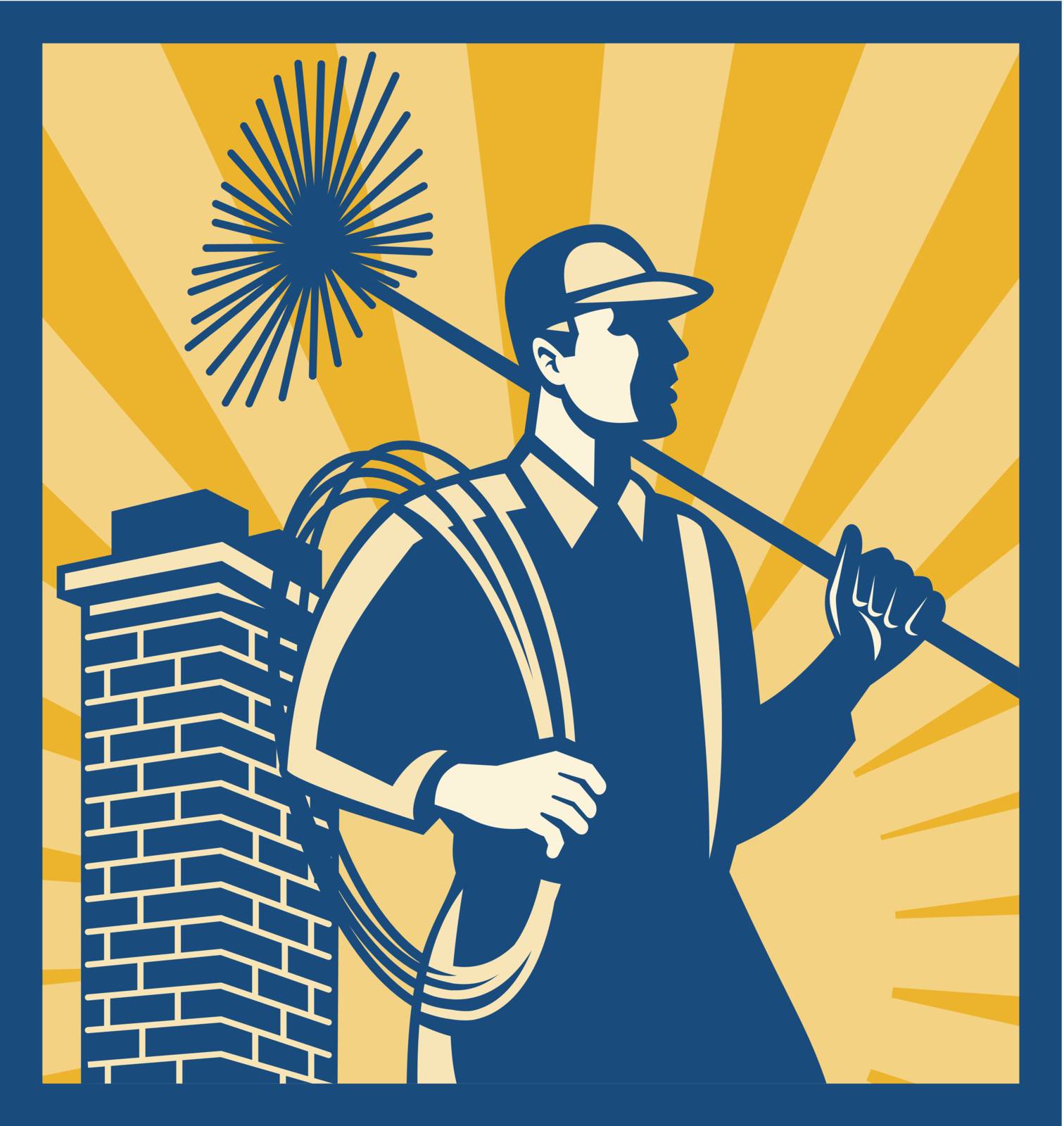 Illustration of a chimney sweeper cleaner worker with sweep broom viewed from side with chimney stack set inside square done in retro style.
