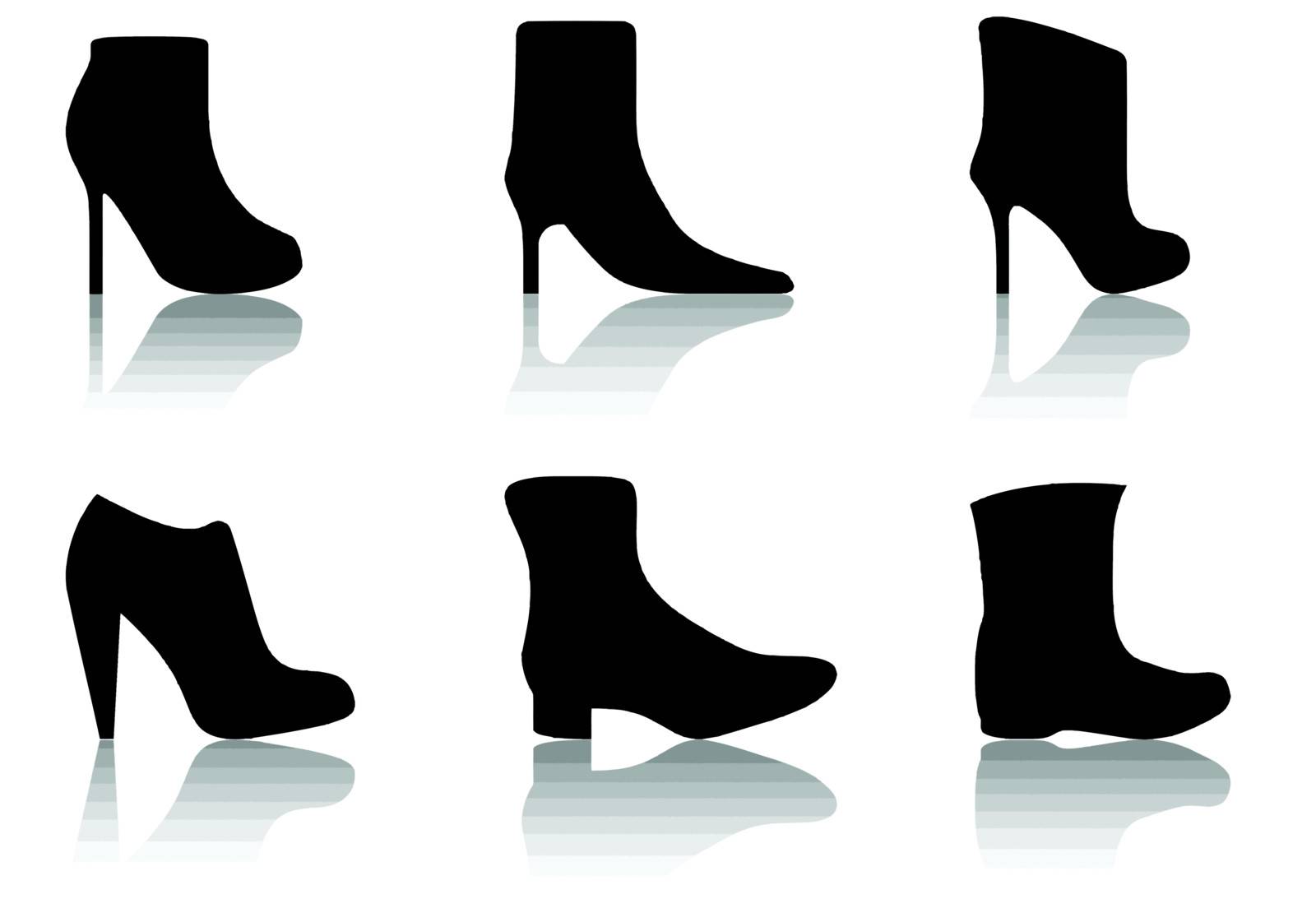 illustration of diferent black boot shoes isolated on white