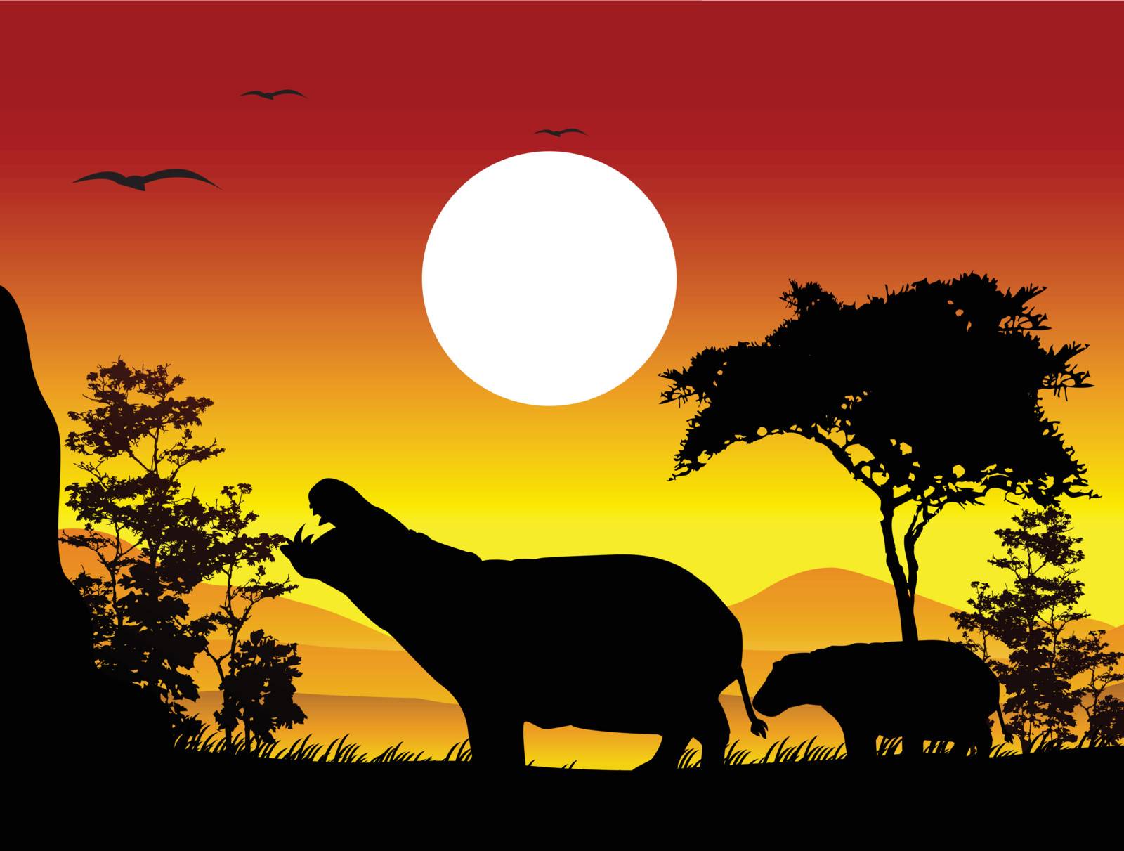 vector illustration of beauty hippo silhouettes with landscape background