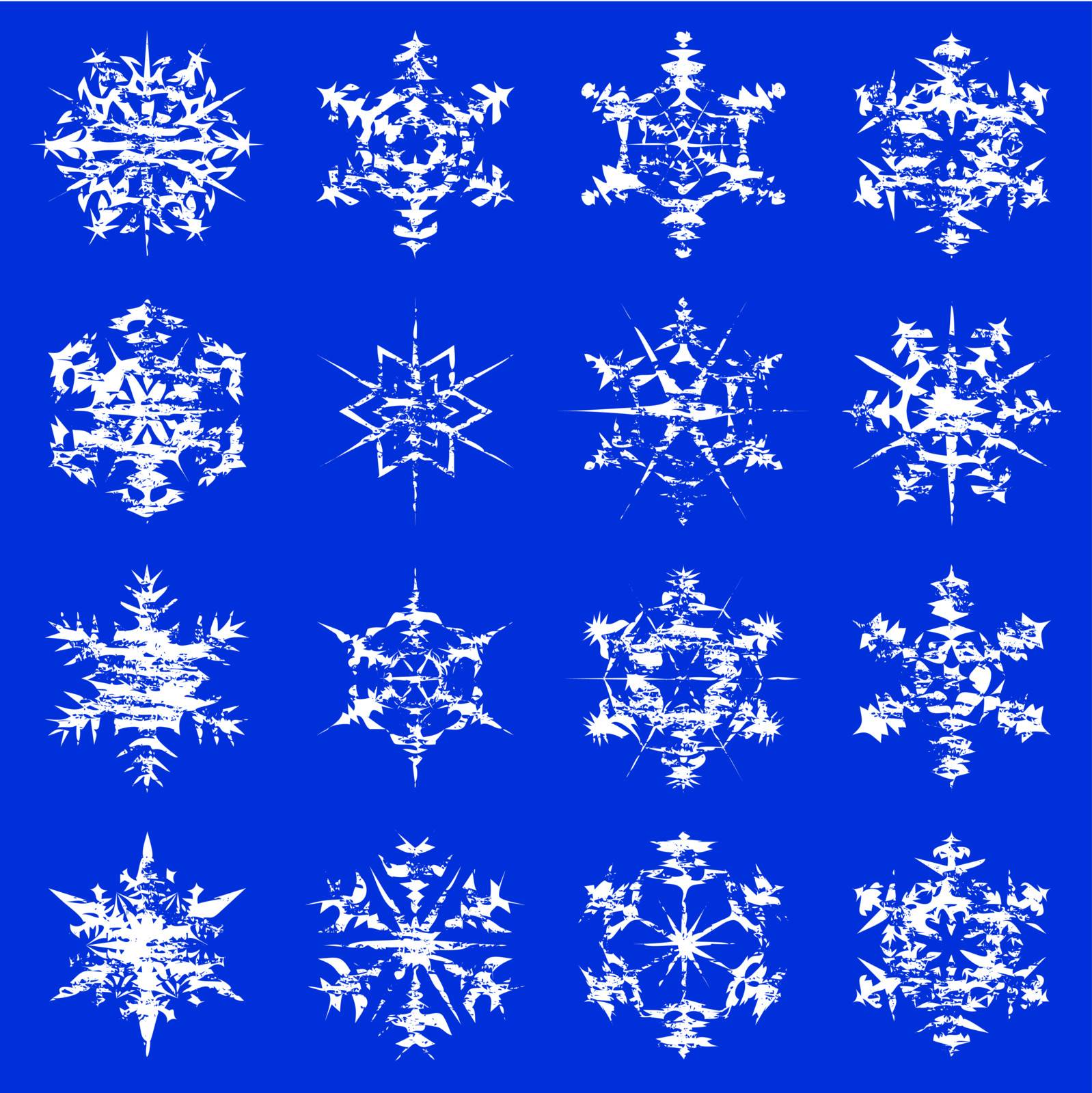 Grungy snowflake illustrations on a blue background.