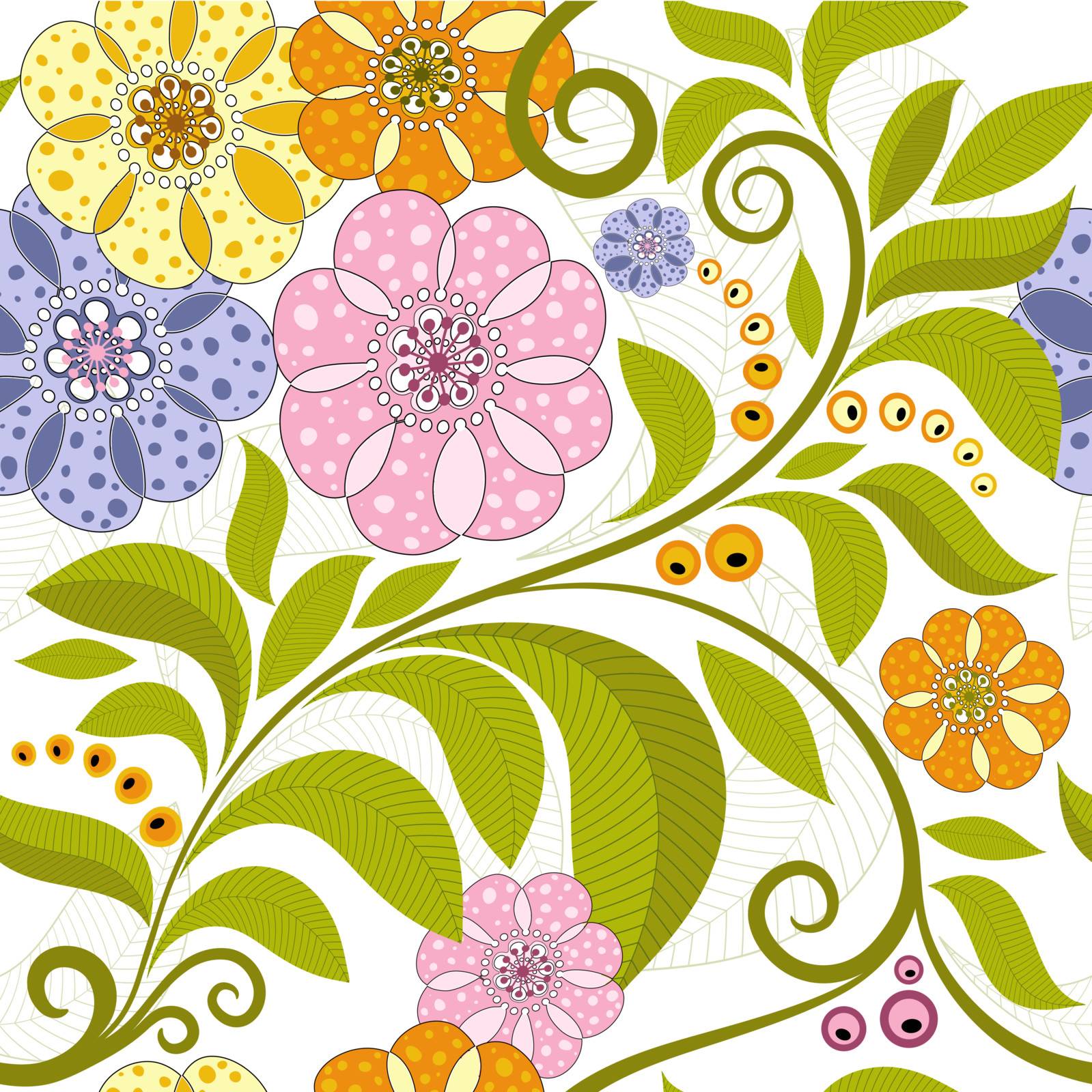 Bright spring seamless pattern with green branch and flowers (vector)