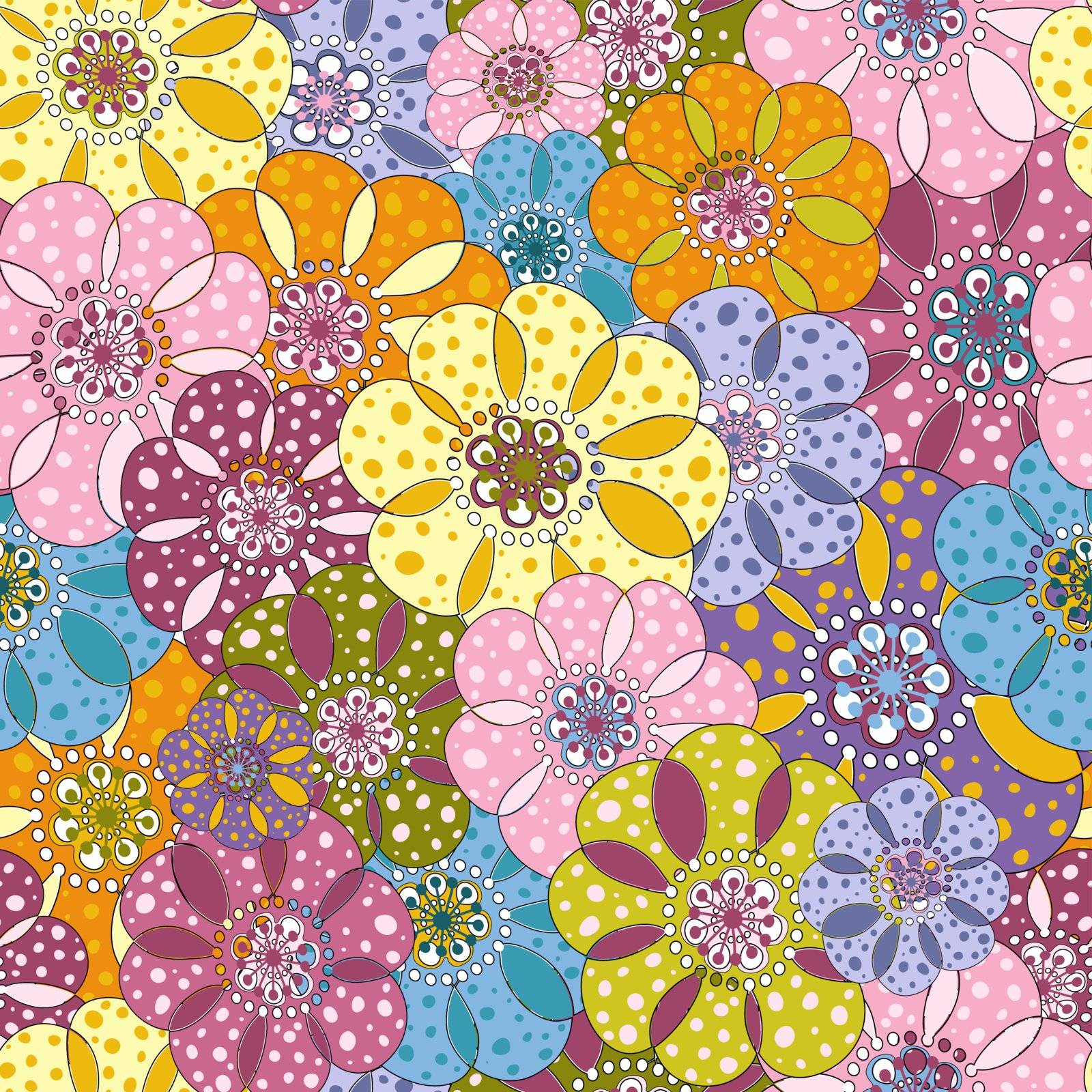 Seamless floral spotty vivid pattern with colorful flowers (vector)