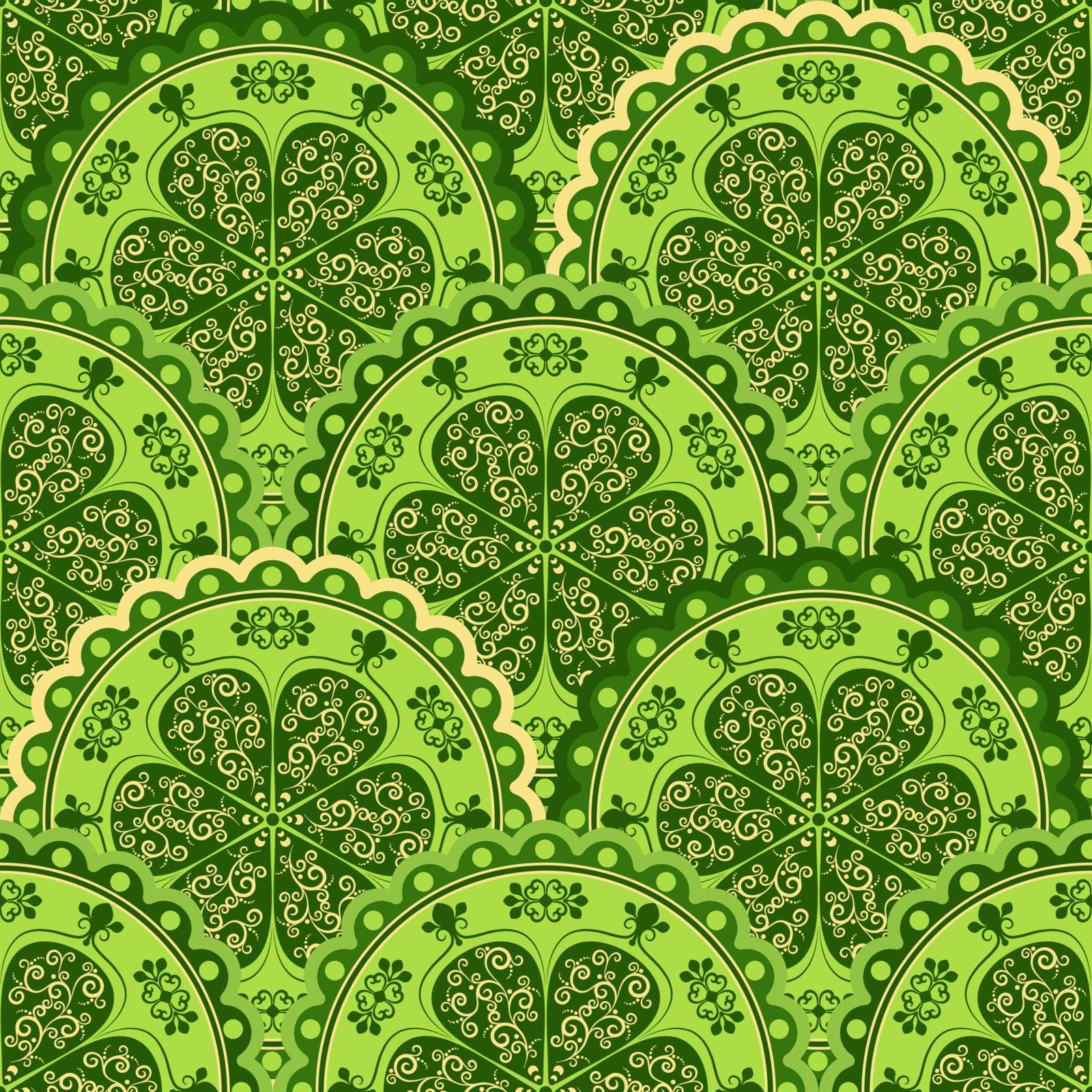  Green and yellow vintage seamless pattern with floral circles (vector)