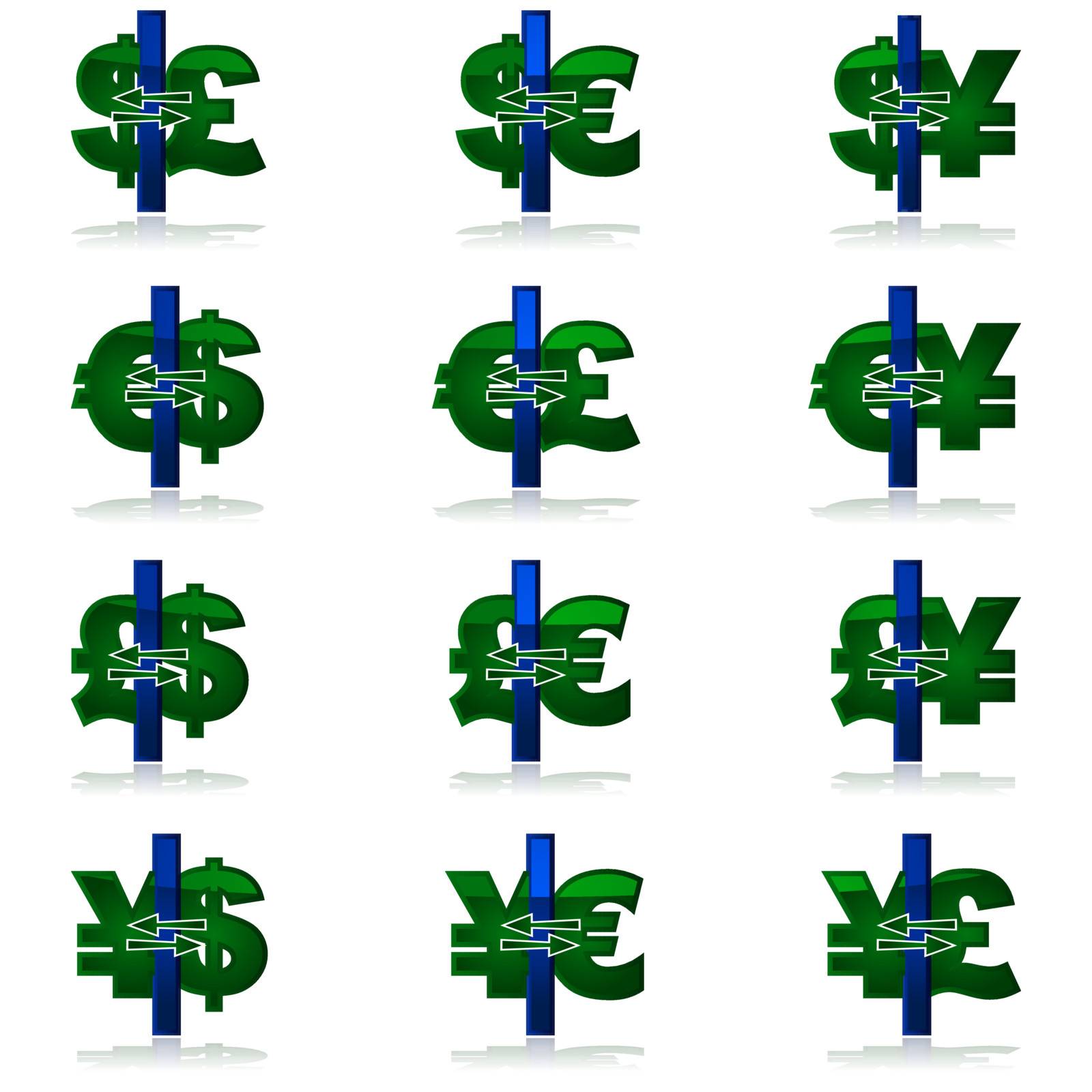 Glossy icon set featuring common currency conversions between dollar, pound, euro and yen