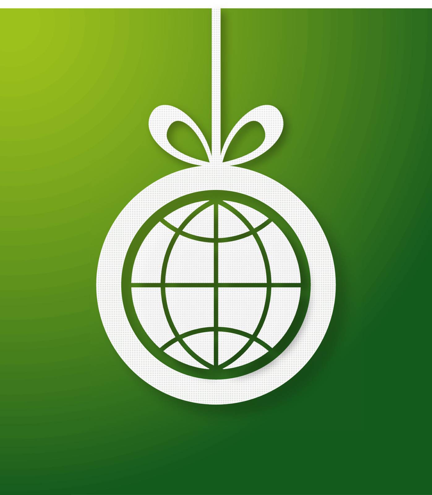 Christmas bauble in green background with world icon. Vector illustration layered for easy manipulation and custom coloring.