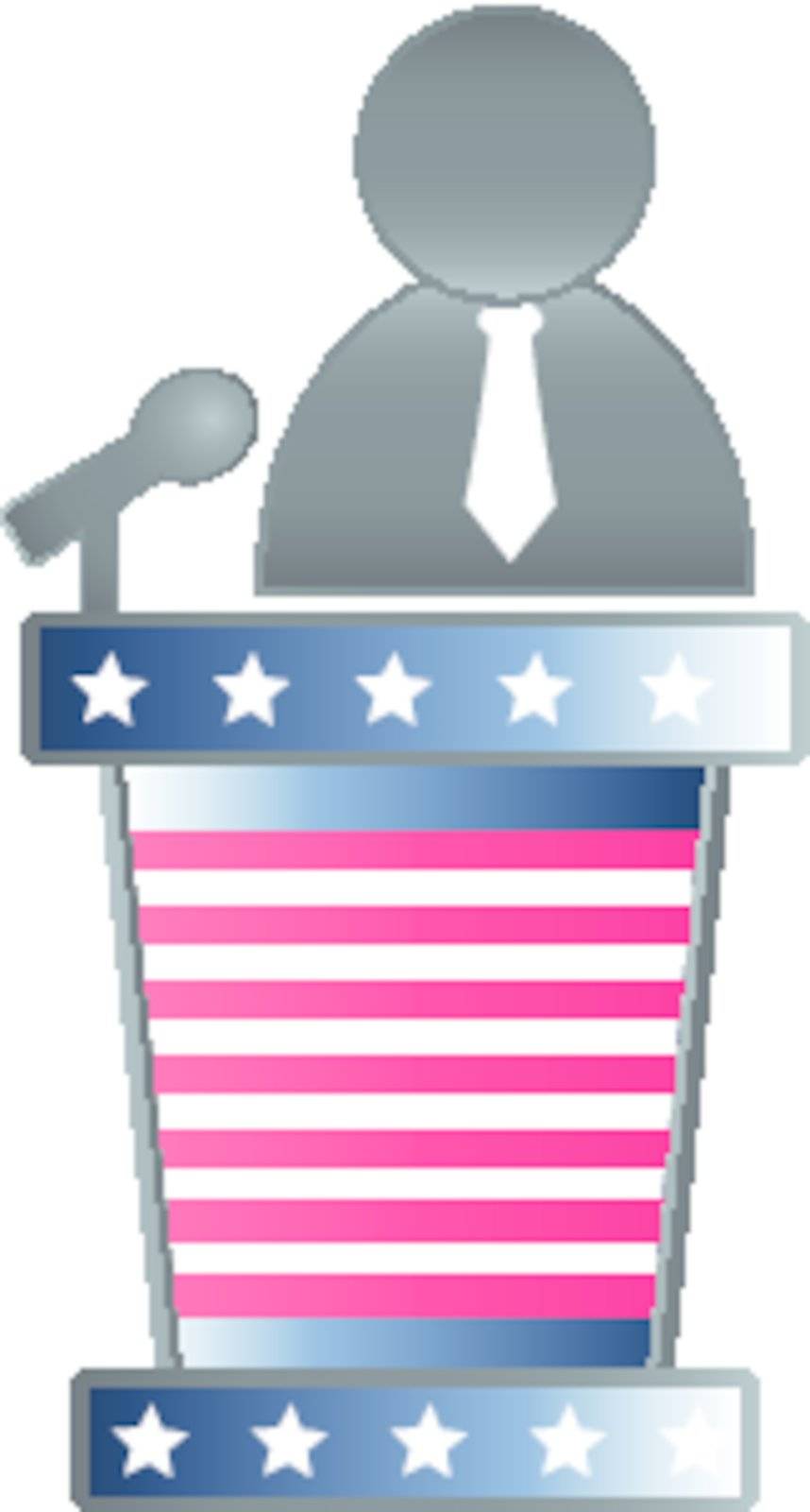 Digitally generated image of a public speaker and on a podium with stars and stripes.