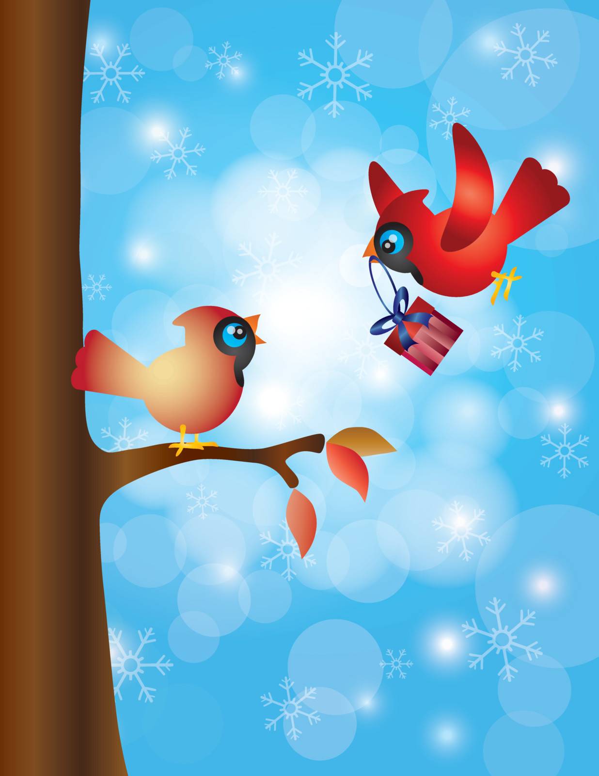 Cardinal Male Bringing Christmas Gift for Female Perched on a Tree Branch with Snowflakes Background Illustration