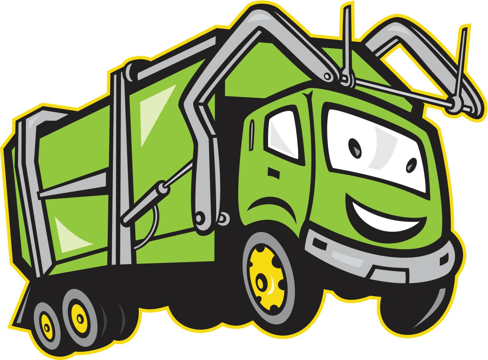 Illustration of garbage rubbish truck done in cartoon style on isolated white background.