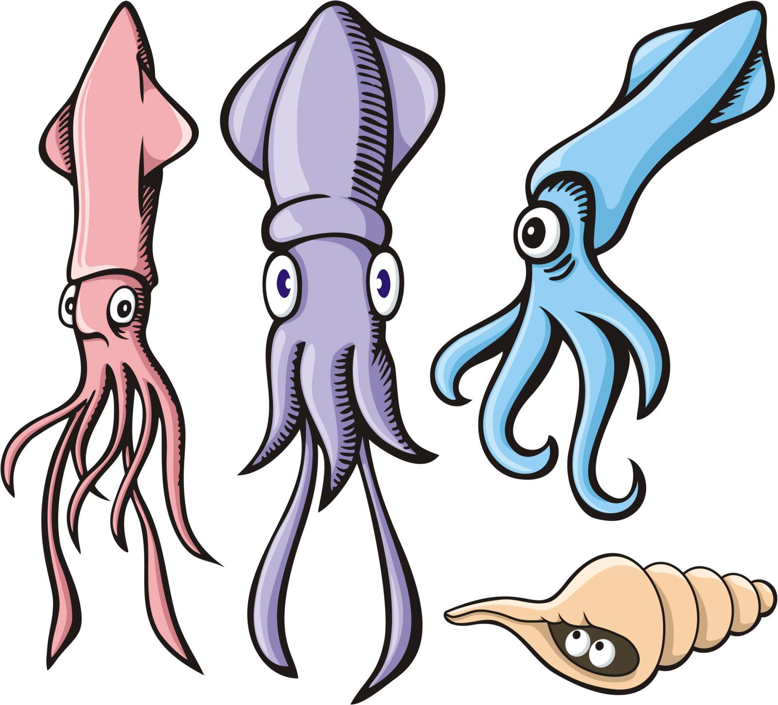 Three cute squid cartoons and a sea shell isolated on white.