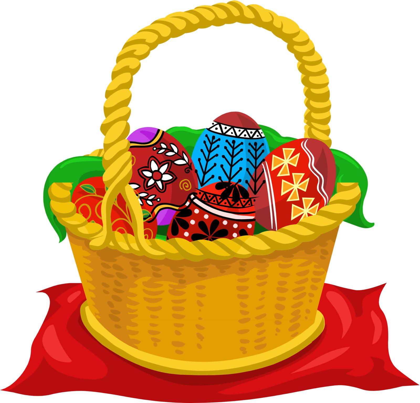Easter eggs, yellow basket, colorful, vector illustration