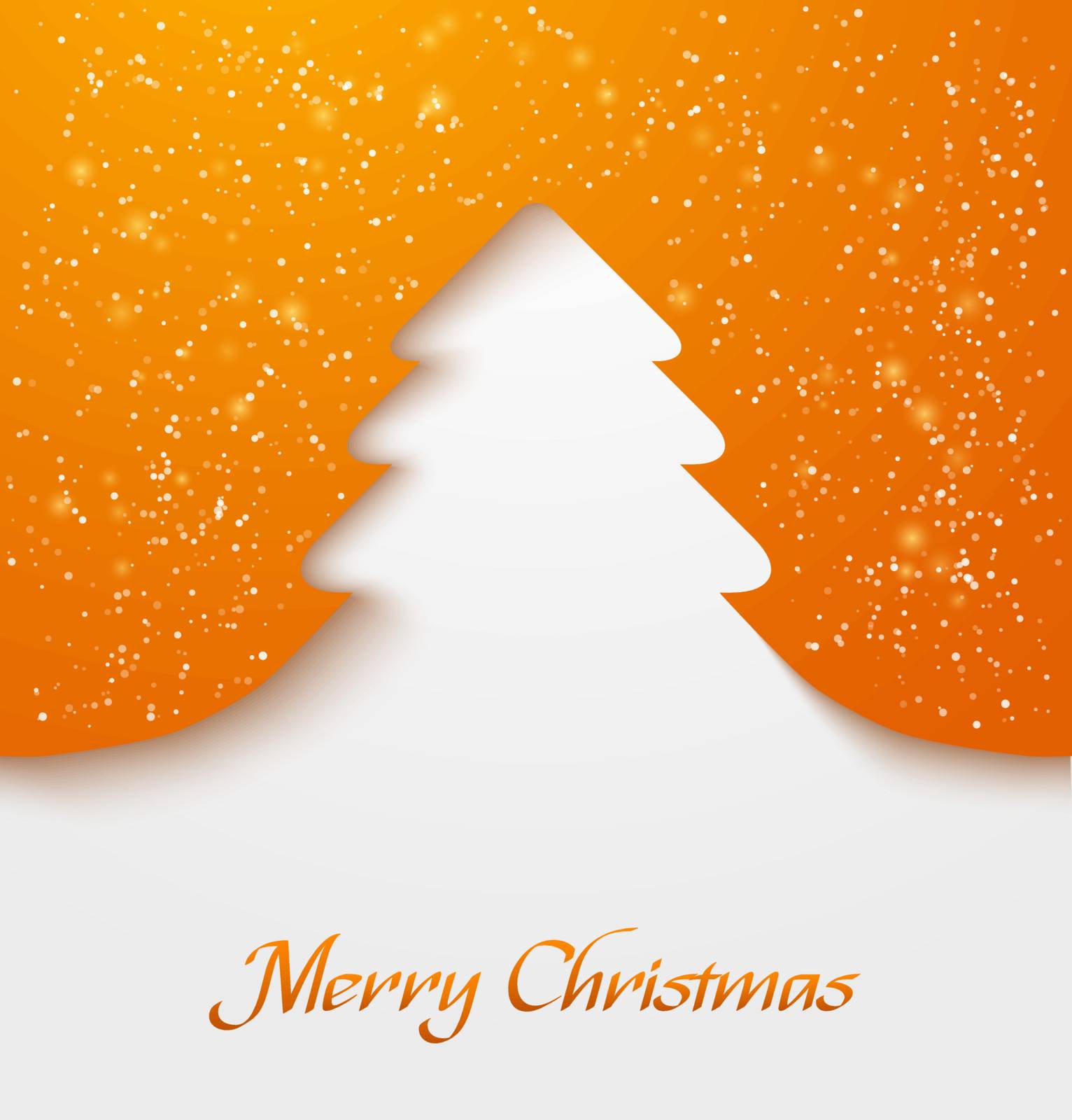 Orange abstract christmas tree applique with snow particles. Vector illustration